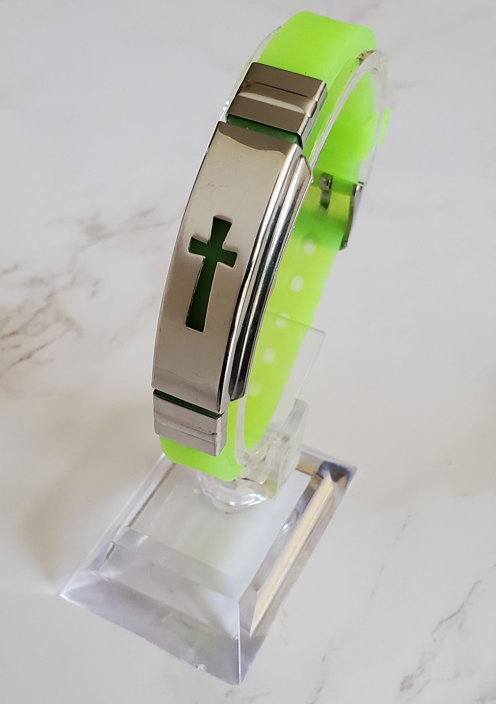 Frequency Jewelry Natural Pain Relief and EMF Protection Bracelet Cross Neoprene Band Color Lime Green