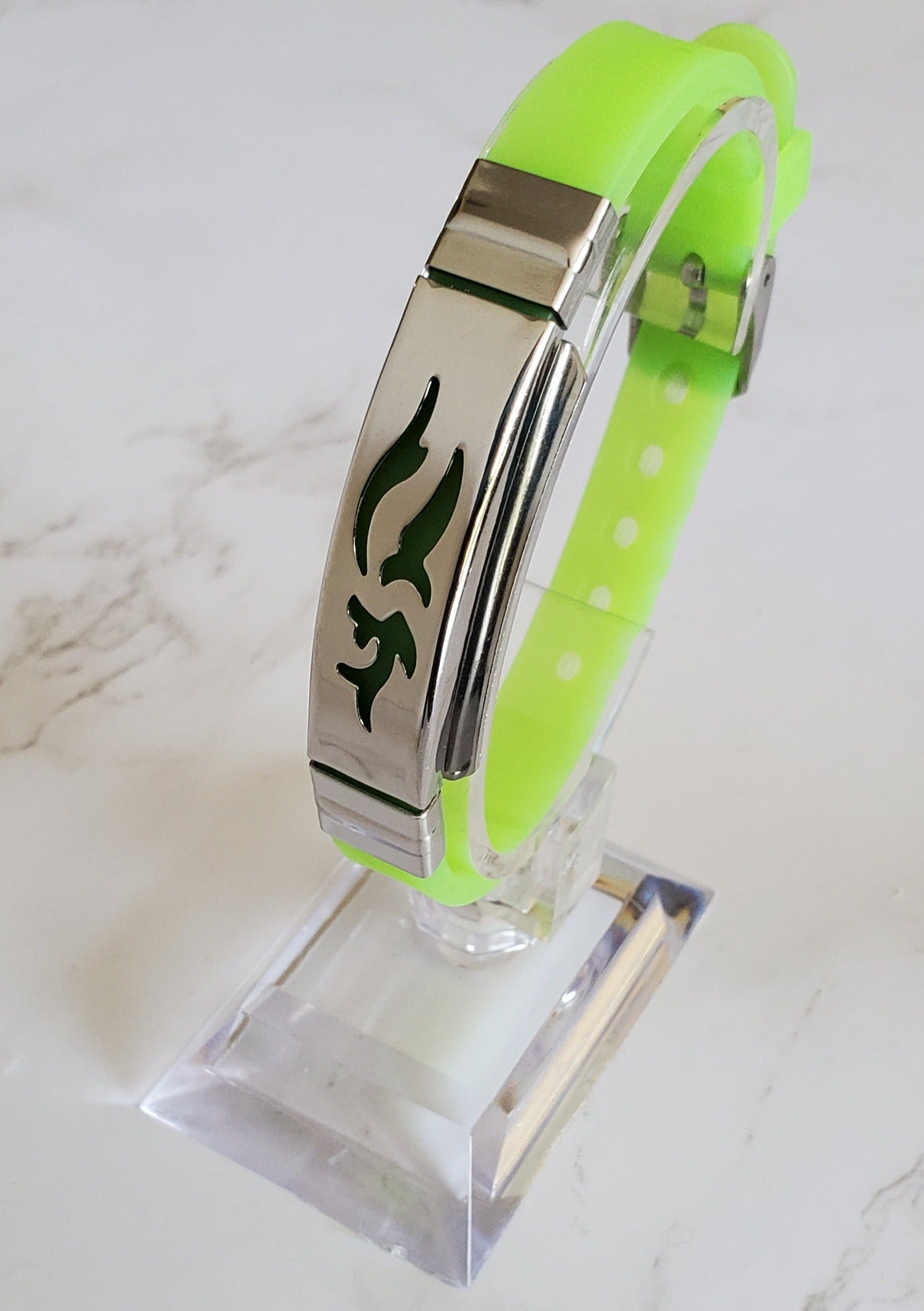 Frequency Jewelry Natural Pain Relief and EMF Protection Bracelet Dolphin Neoprene Band Color Lime Green