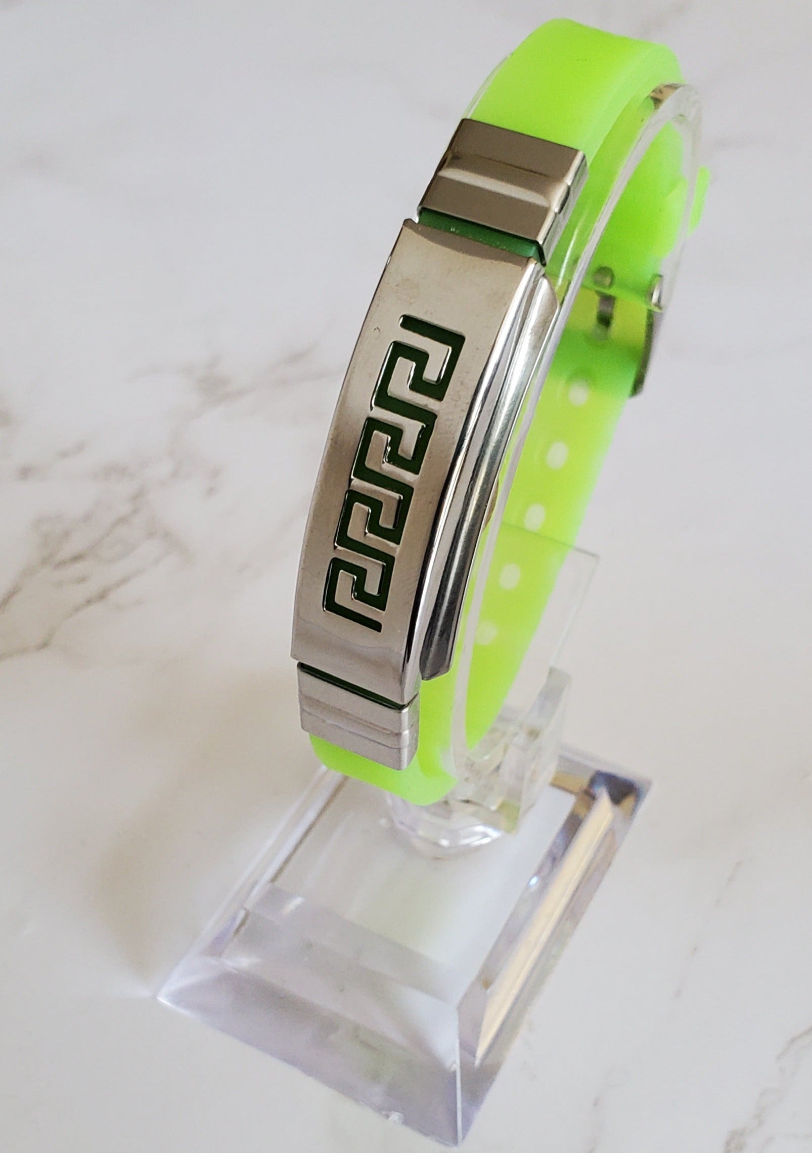 Frequency Jewelry Natural Pain Relief and EMF Protection Bracelet Greek Key Neoprene Band Color Lime Green