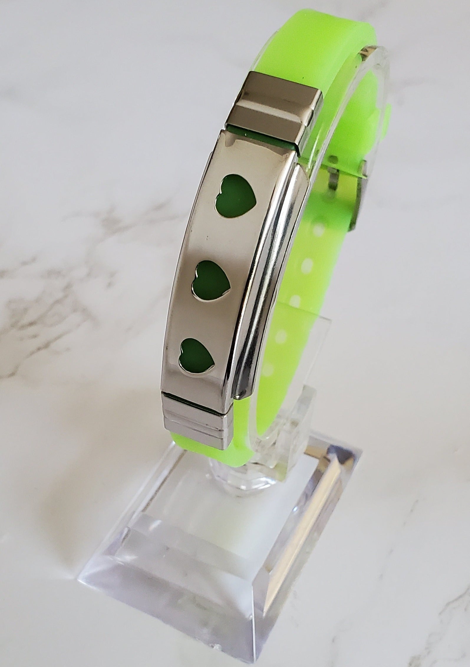 Frequency Jewelry Natural Pain Relief and EMF Protection Bracelet Hearts Neoprene Band Color Lime Green