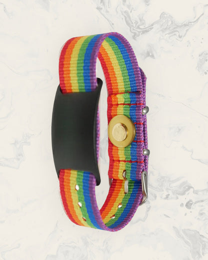 Natural Pain Relief and EMF Protection Bracelet Nylon Band Color Rainbow Striped with a Black Slider