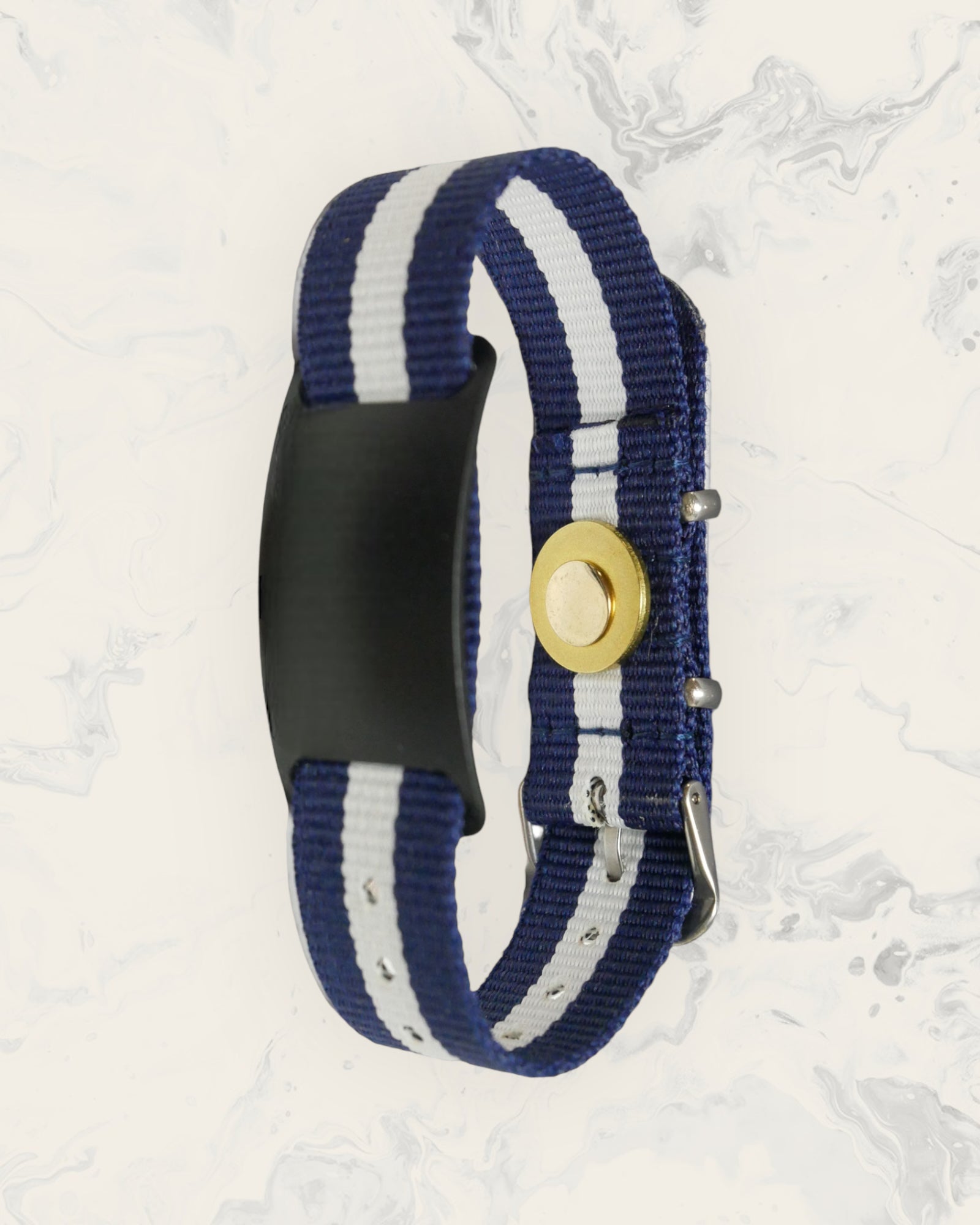 Natural Pain Relief and EMF Protection Bracelet Nylon Band Color Navy Blue and White Striped with a Black Slider