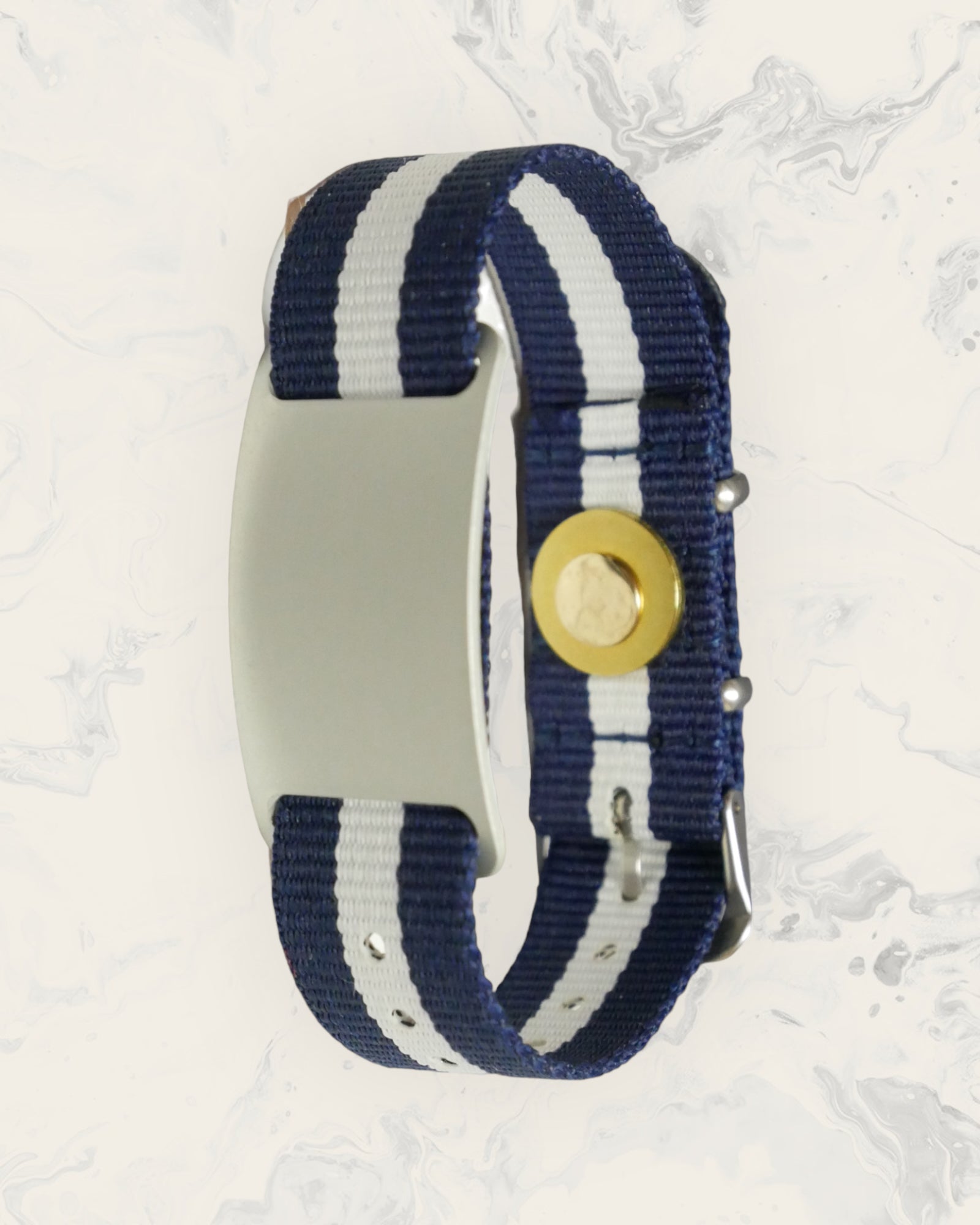 Natural Pain Relief and EMF Protection Bracelet Nylon Band Color Navy Blue and White Striped with a Silver Slider