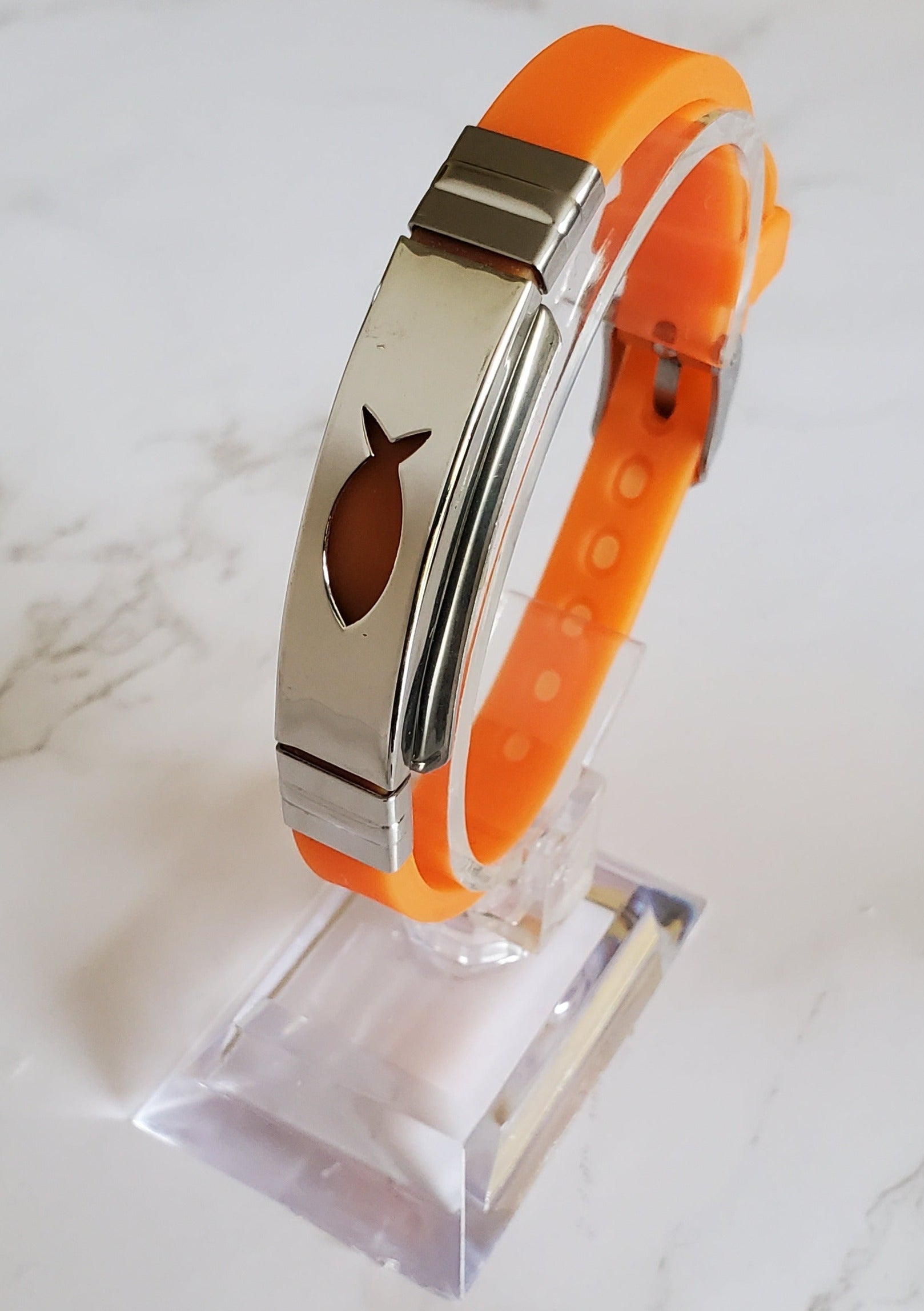 Frequency Jewelry Natural Pain Relief and EMF Protection Bracelet Christian Fish Neoprene Band Color Orange