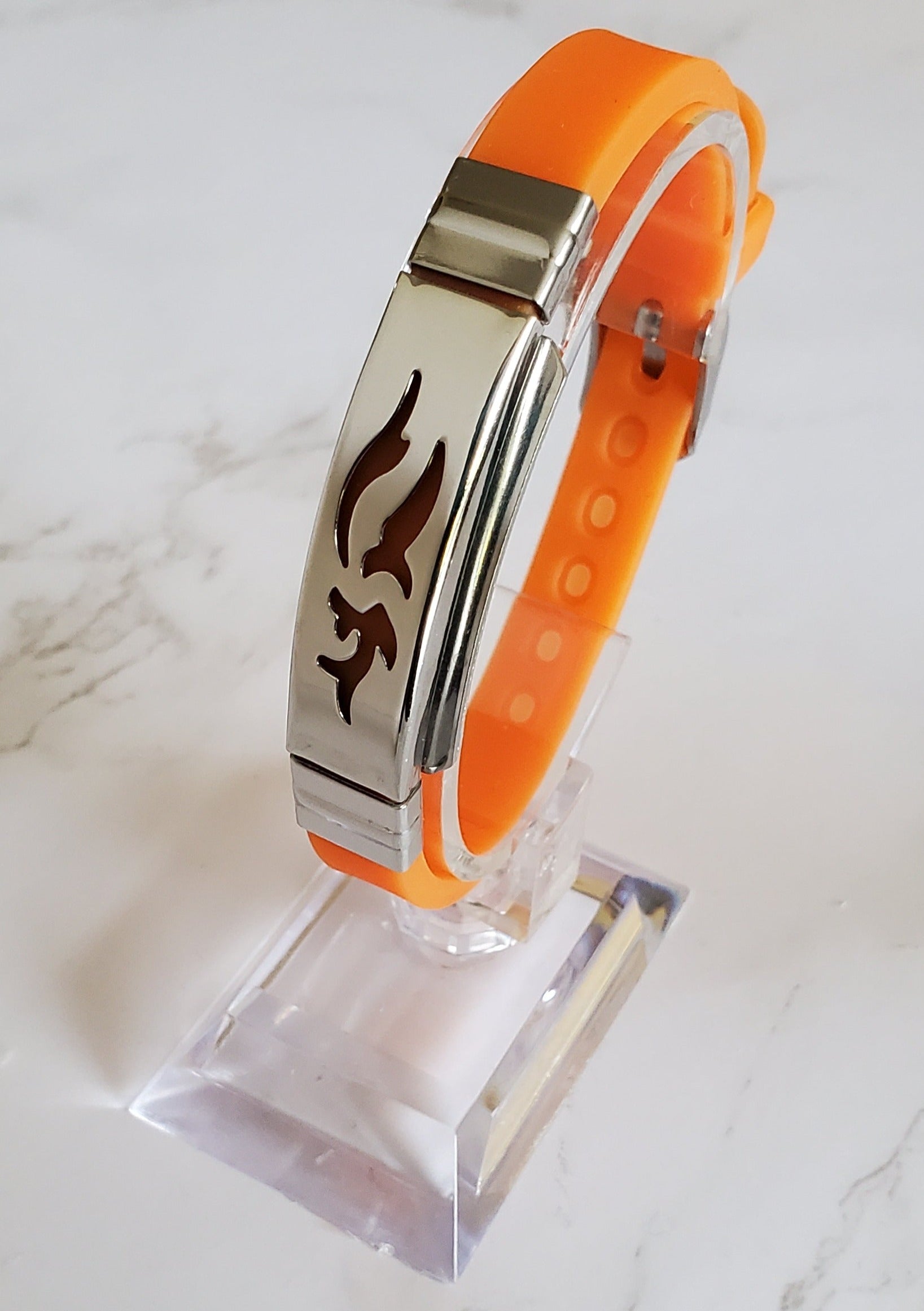 Frequency Jewelry Natural Pain Relief and EMF Protection Bracelet Dolphin Neoprene Band Color Orange