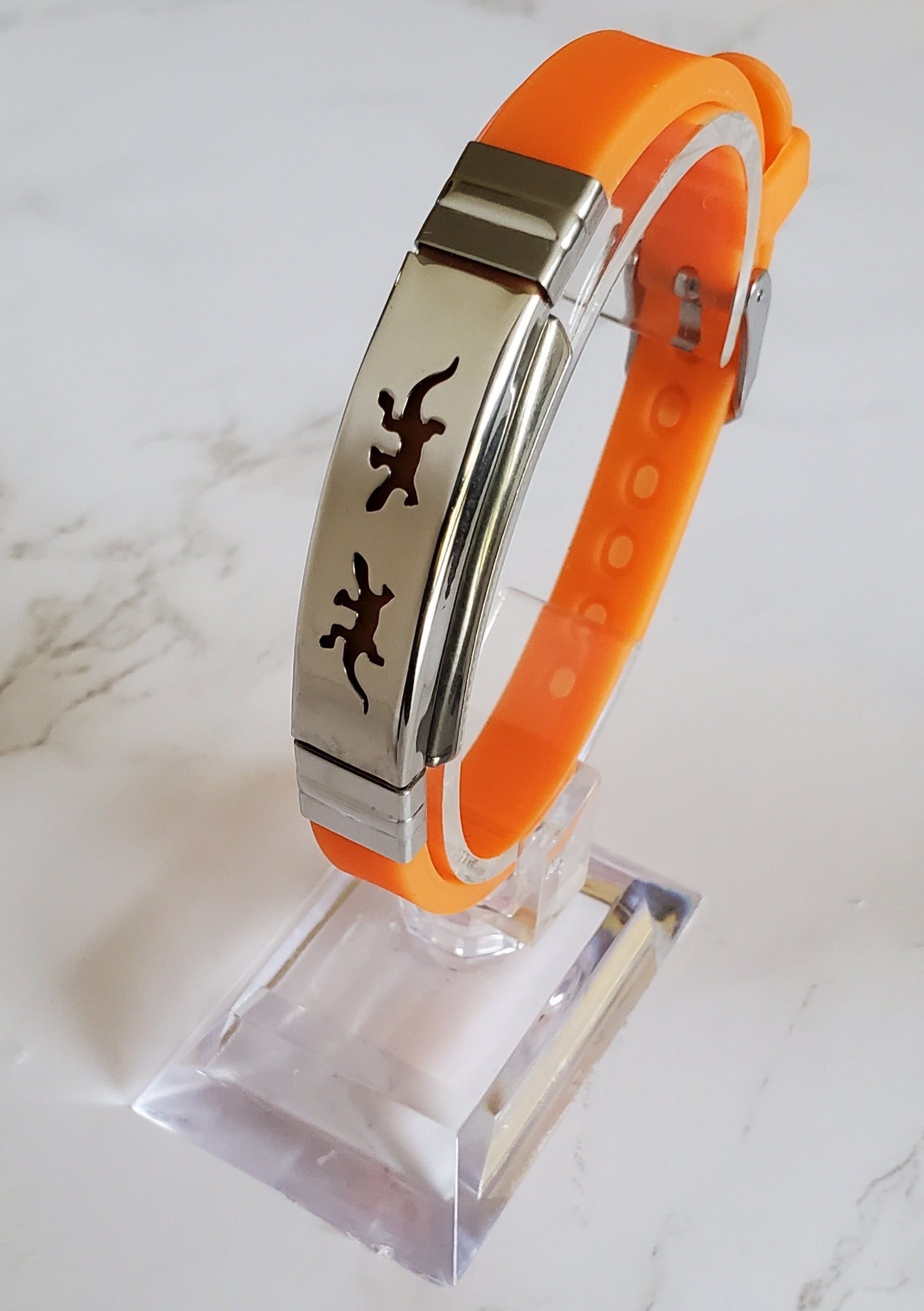 Frequency Jewelry Natural Pain Relief and EMF Protection Bracelet Gecko Neoprene Band Color Orange