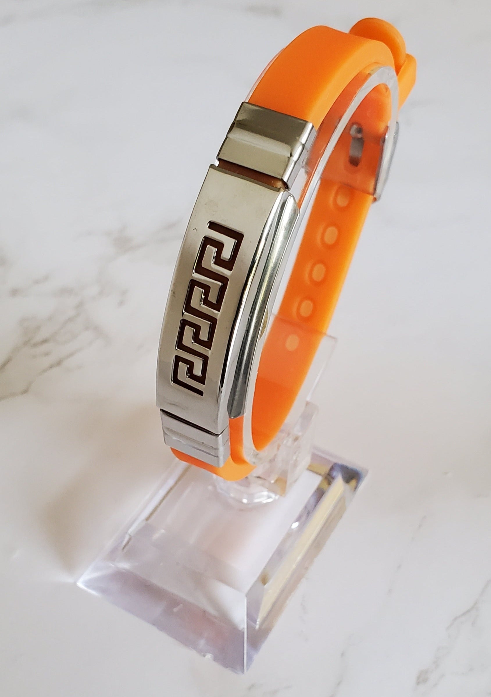 Pain Relief and EMF Protection Bracelet Greek Key Neoprene Band Color Orange