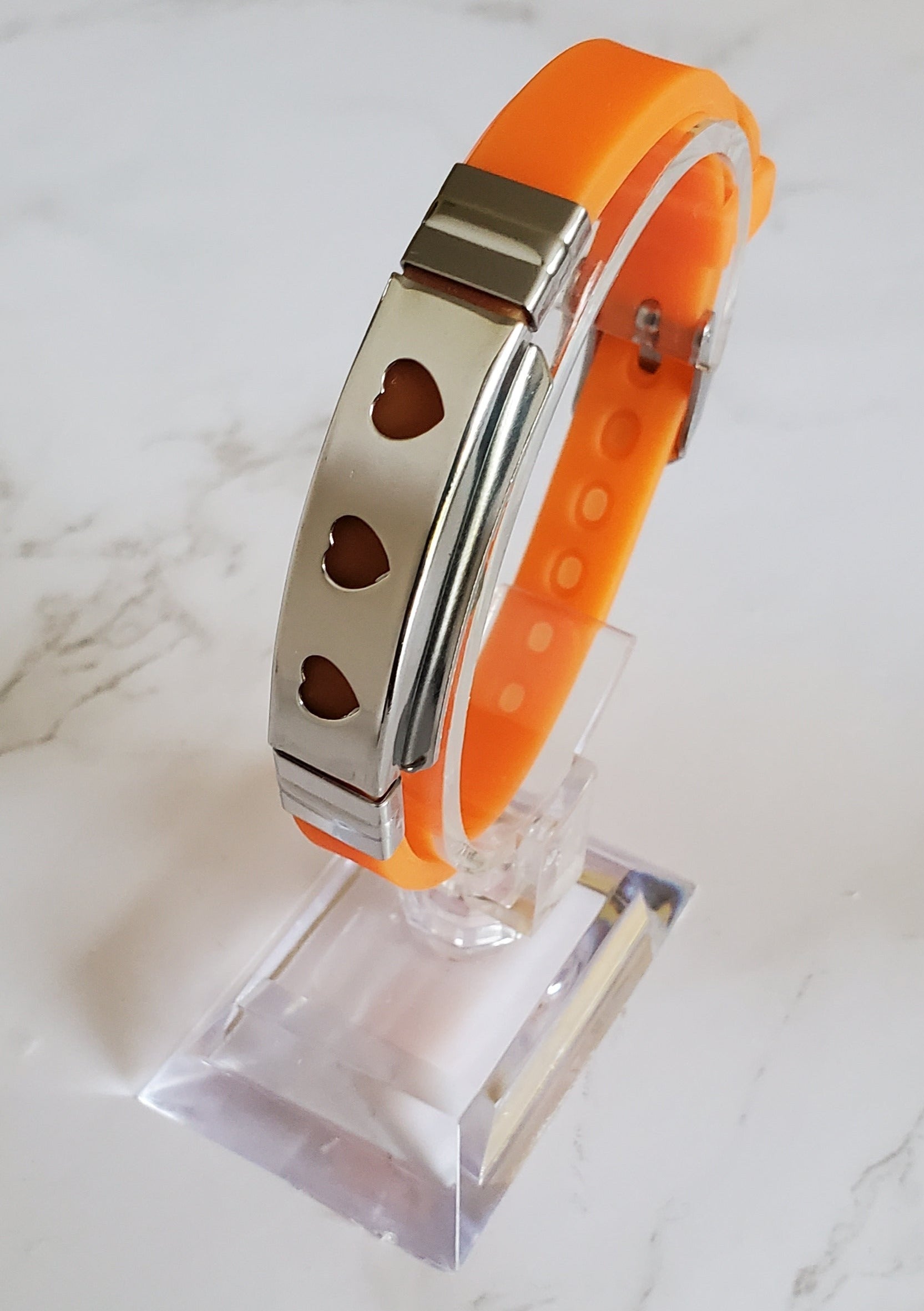Frequency Jewelry Natural Pain Relief and EMF Protection Bracelet Hearts Neoprene Band Color Orange