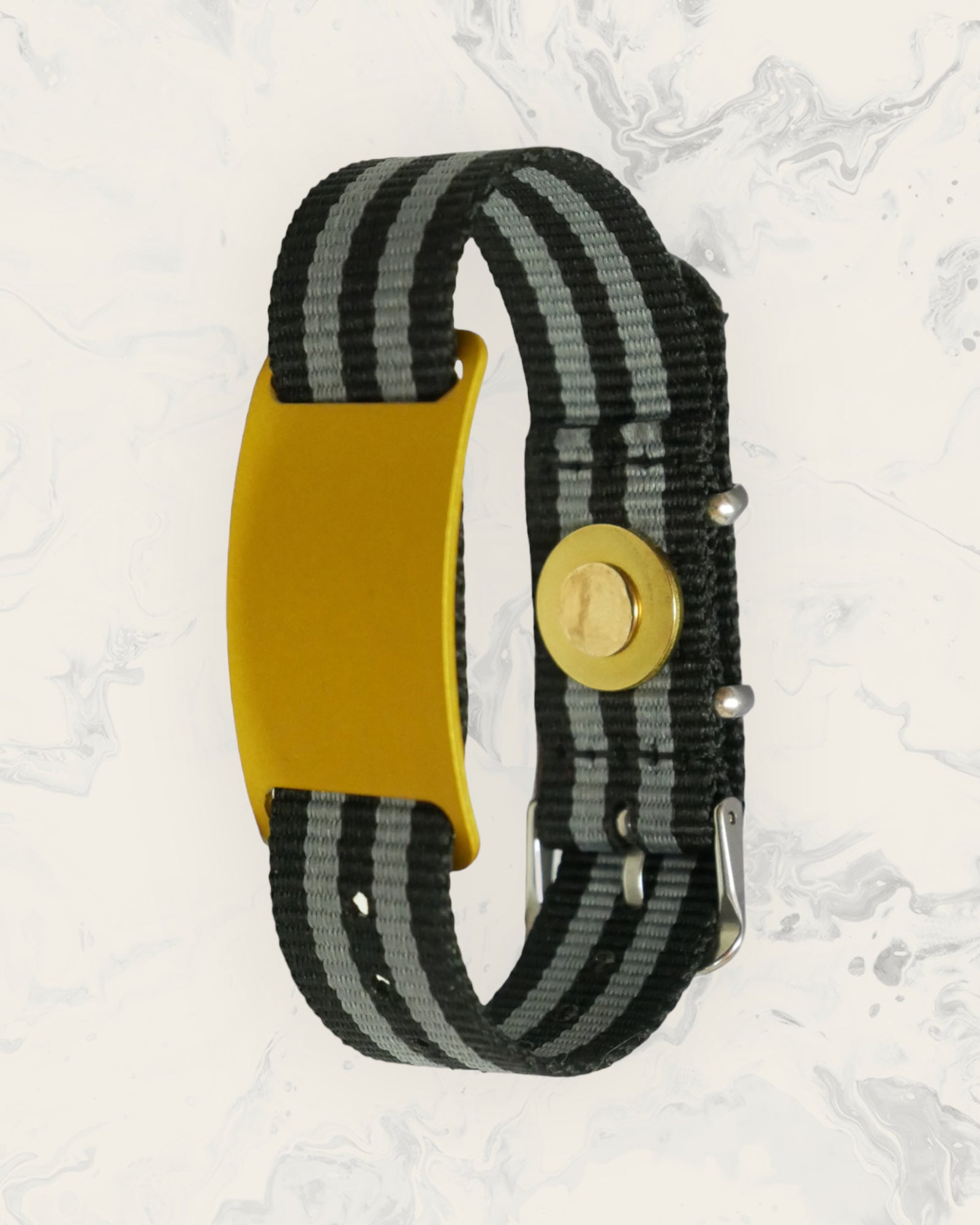 Natural Pain Relief and EMF Protection Bracelet Nylon Band Color Black and Gray Striped with a Gold Slider