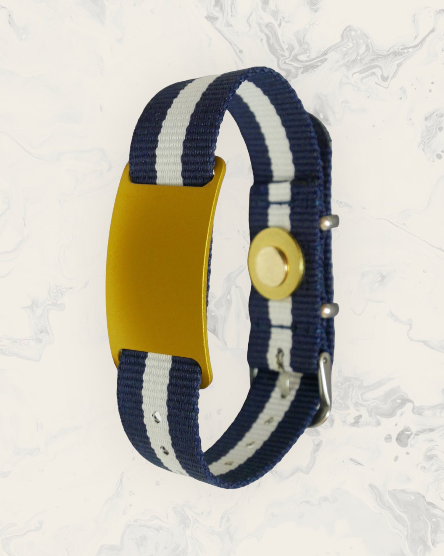 Natural Pain Relief and EMF Protection Bracelet Nylon Band Color Navy Blue and White Striped with a Gold Slider