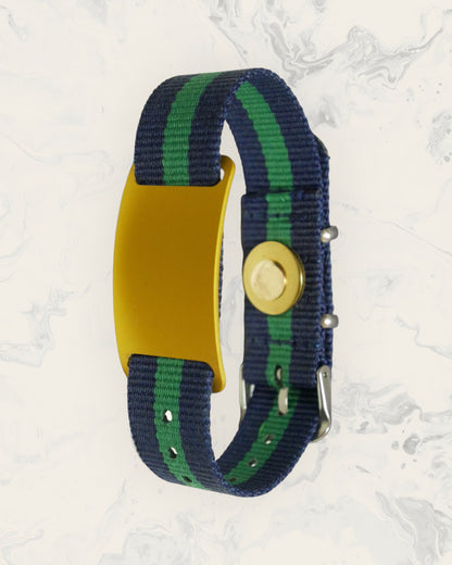 Natural Pain Relief and EMF Protection Bracelet Nylon Band Color Navy Blue and Green Striped with a Gold Slider