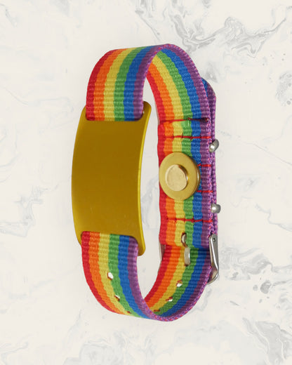 Natural Pain Relief and EMF Protection Bracelet Nylon Band Color Rainbow Striped with a Gold Slider