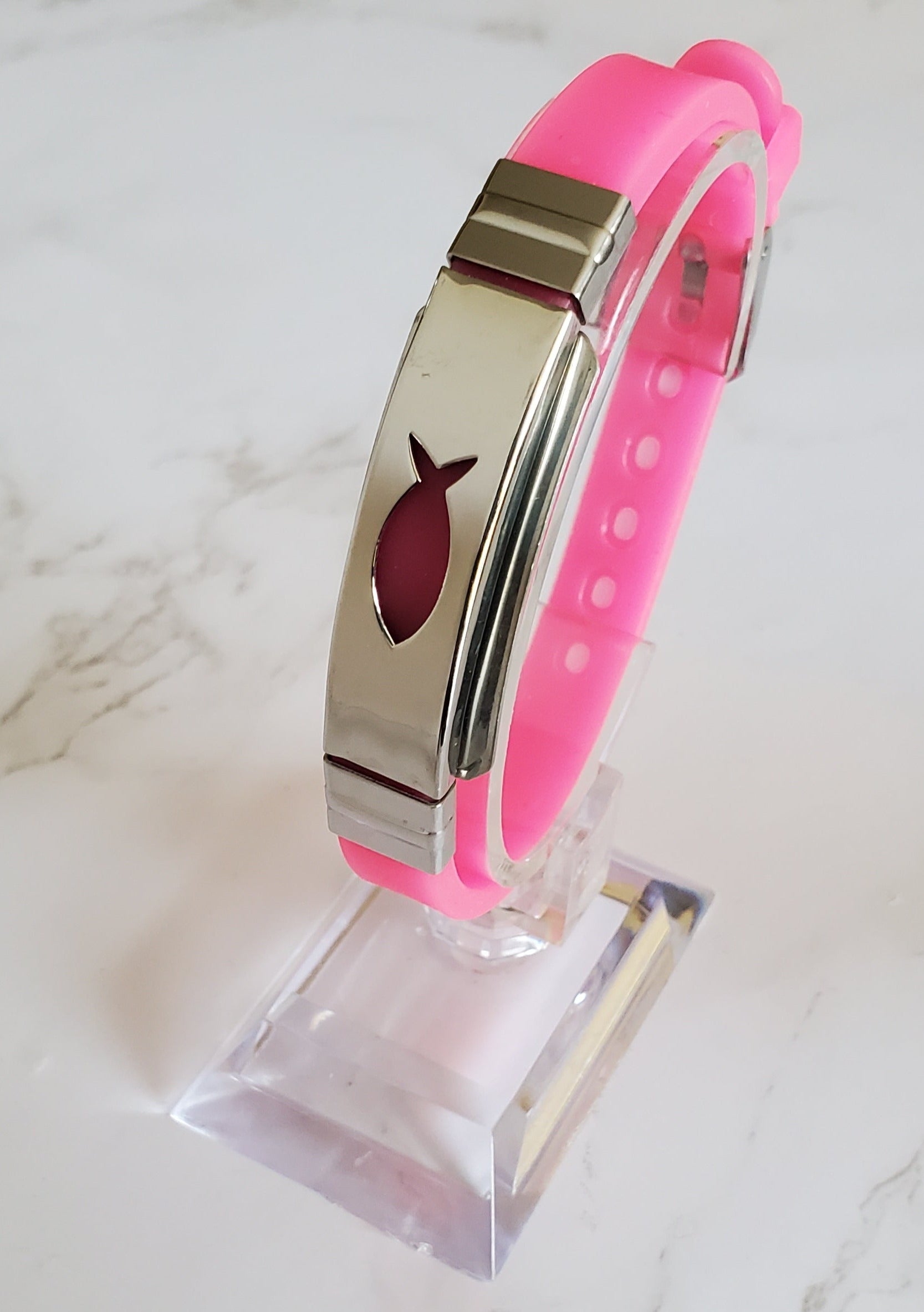 Frequency Jewelry Natural Pain Relief and EMF Protection Bracelet Christian Fish Neoprene Band Color Pink