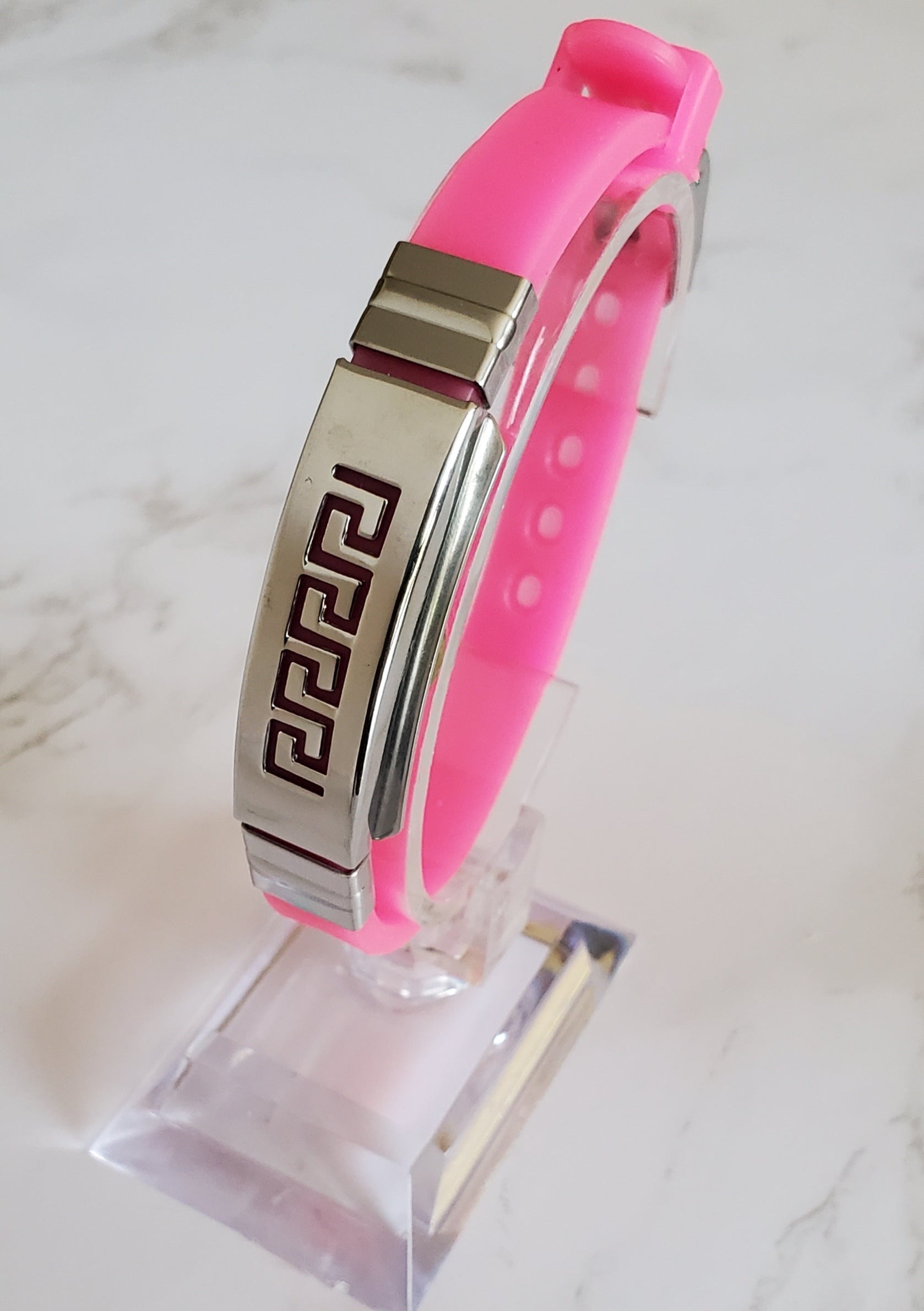 Frequency Jewelry Natural Pain Relief and EMF Protection Bracelet Greek Key Neoprene Band Color Pink