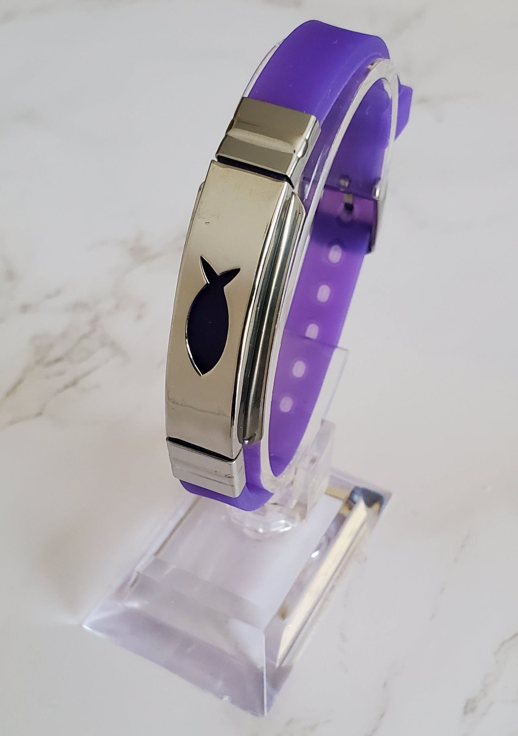 Frequency Jewelry Natural Pain Relief and EMF Protection Bracelet Christian Fish Neoprene Band Color Purple