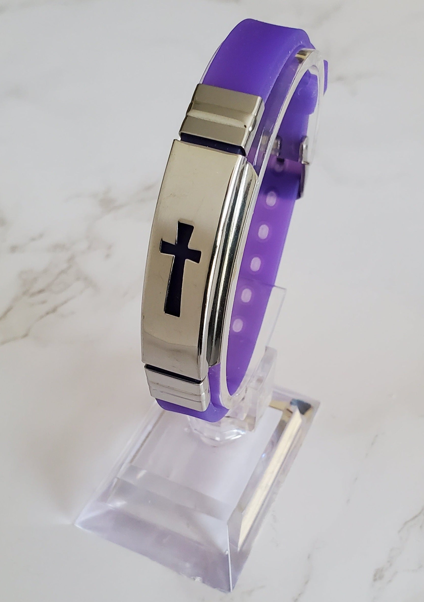 Frequency Jewelry Natural Pain Relief and EMF Protection Bracelet Cross Neoprene Band Color Purple