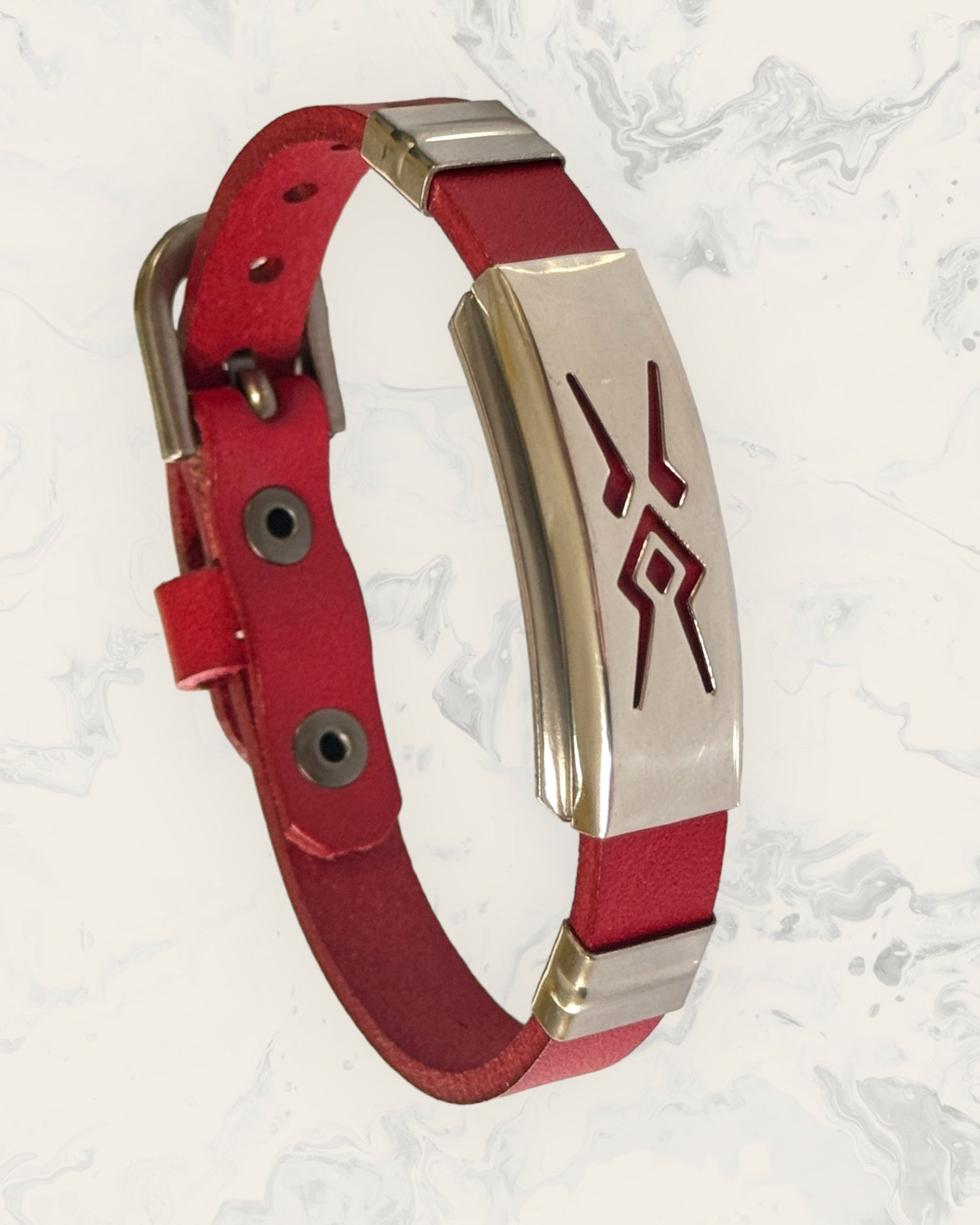 Natural Pain Relief and EMF Protection Bracelet Leather Band Color Red with Aztec design on a silver metal slider