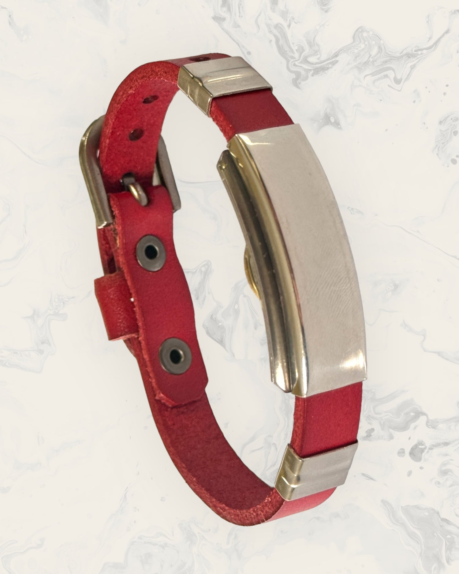 Frequency Jewelry Natural Pain Relief and EMF Protection Bracelet Leather Band Color Red with Blank design on a silver metal slider