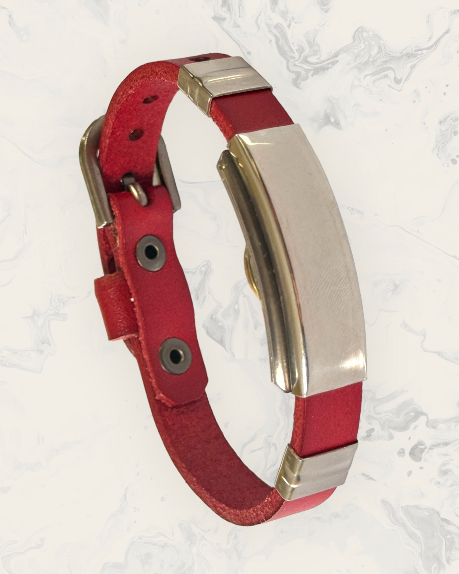 Natural Pain Relief and EMF Protection Bracelet Leather Band Color Red with Blank design on a silver metal slider