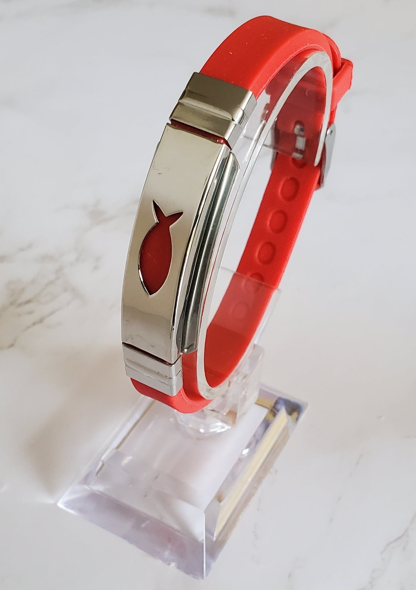 Frequency Jewelry Natural Pain Relief and EMF Protection Bracelet Christian Fish Neoprene Band Color Red