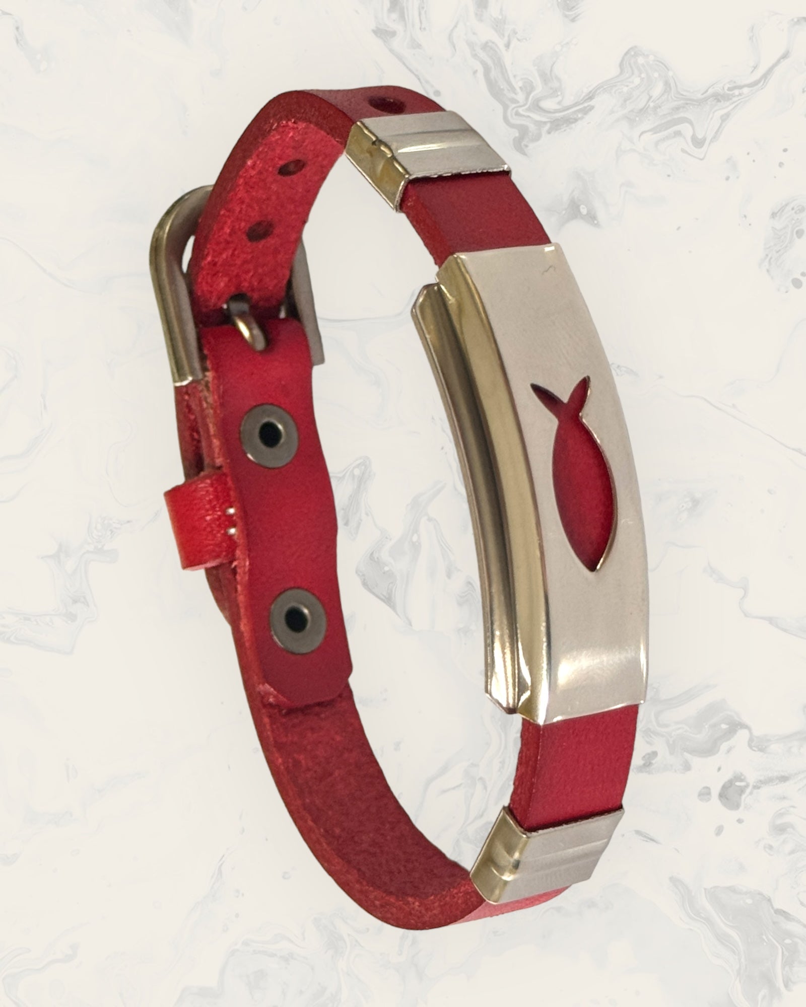 Natural Pain Relief and EMF Protection Bracelet Leather Band Color Red with Christian Fish design on a silver metal slider