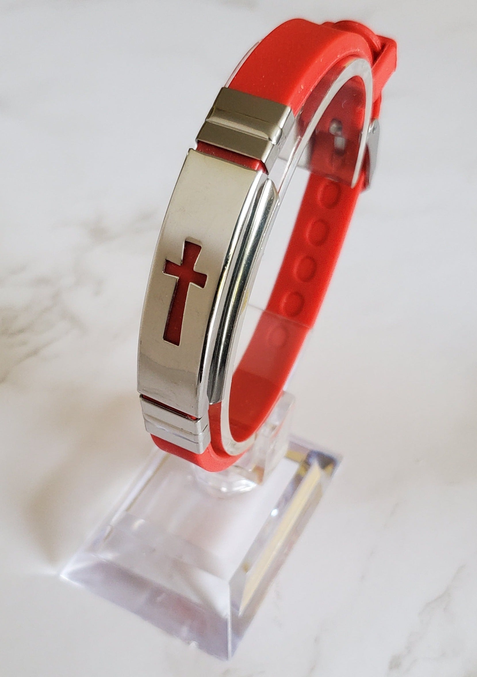 Frequency Jewelry Natural Pain Relief and EMF Protection Bracelet Cross Neoprene Band Color Red