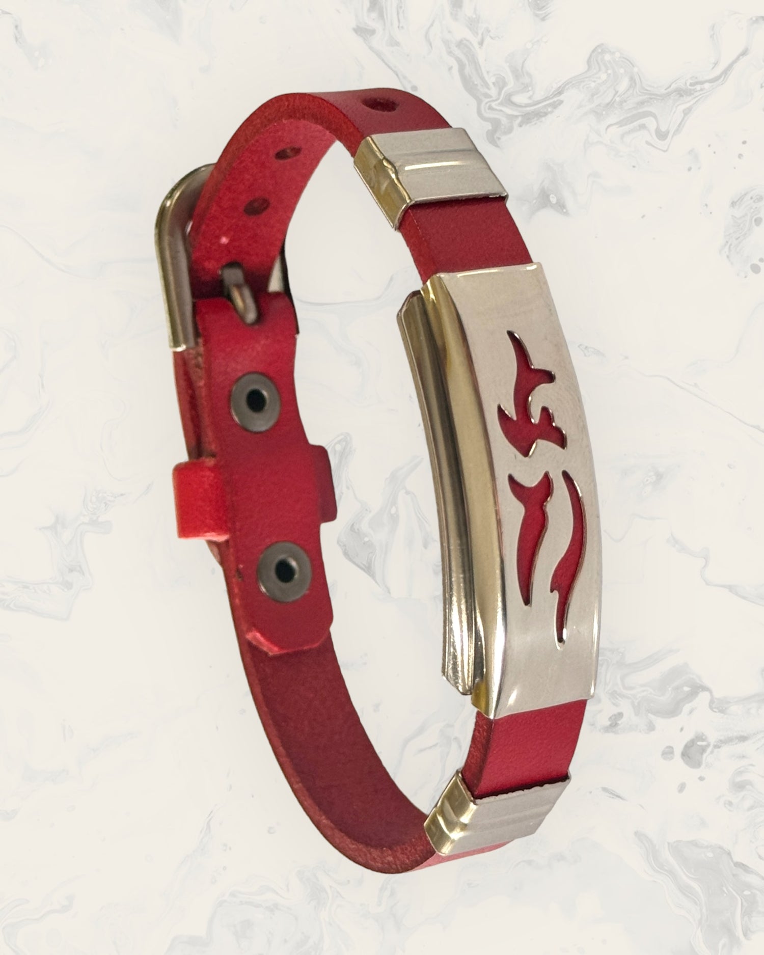 Natural Pain Relief and EMF Protection Bracelet Leather Band Color Red with Dolphin design on a silver metal slider