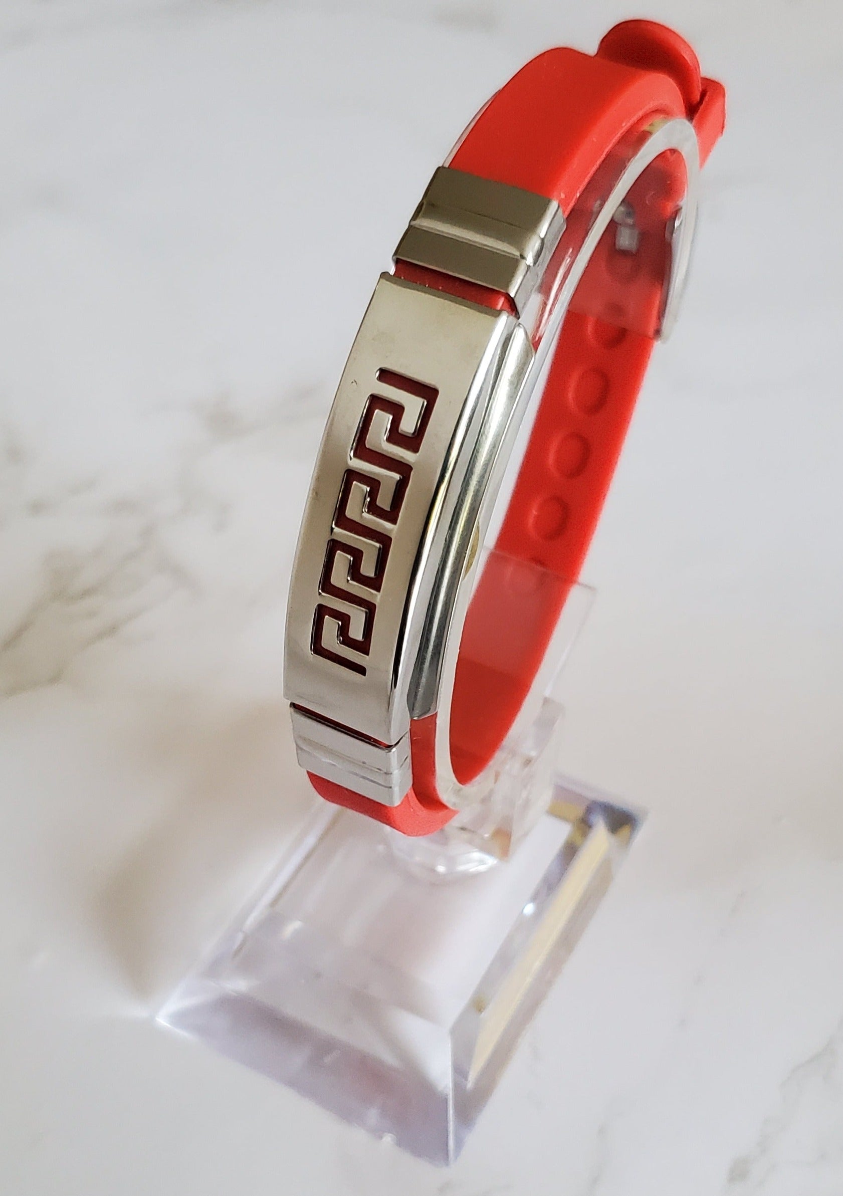 Frequency Jewelry Natural Pain Relief and EMF Protection Bracelet Greek Key Neoprene Band Color Red