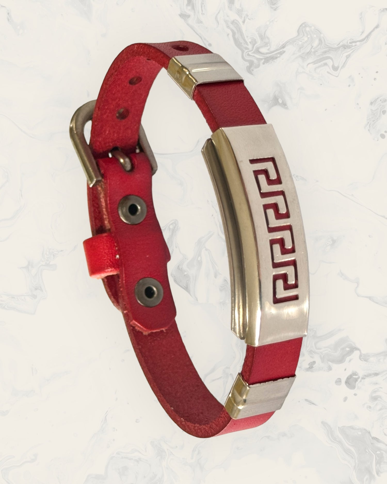 Natural Pain Relief and EMF Protection Bracelet Leather Band Color Red with Greek Key design on a silver metal slider