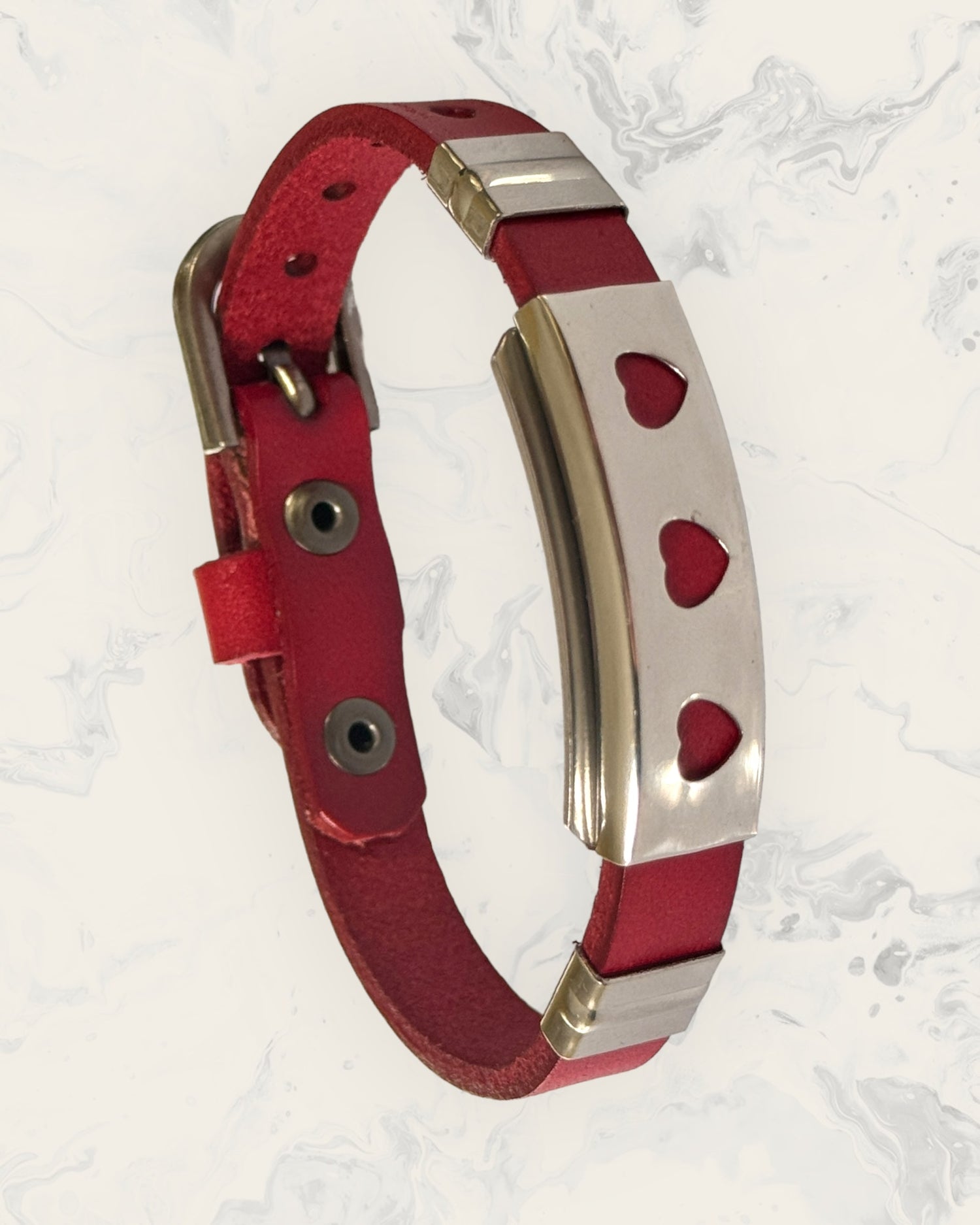 Natural Pain Relief and EMF Protection Bracelet Leather Band Color Red with Three Hearts design on a silver metal slider