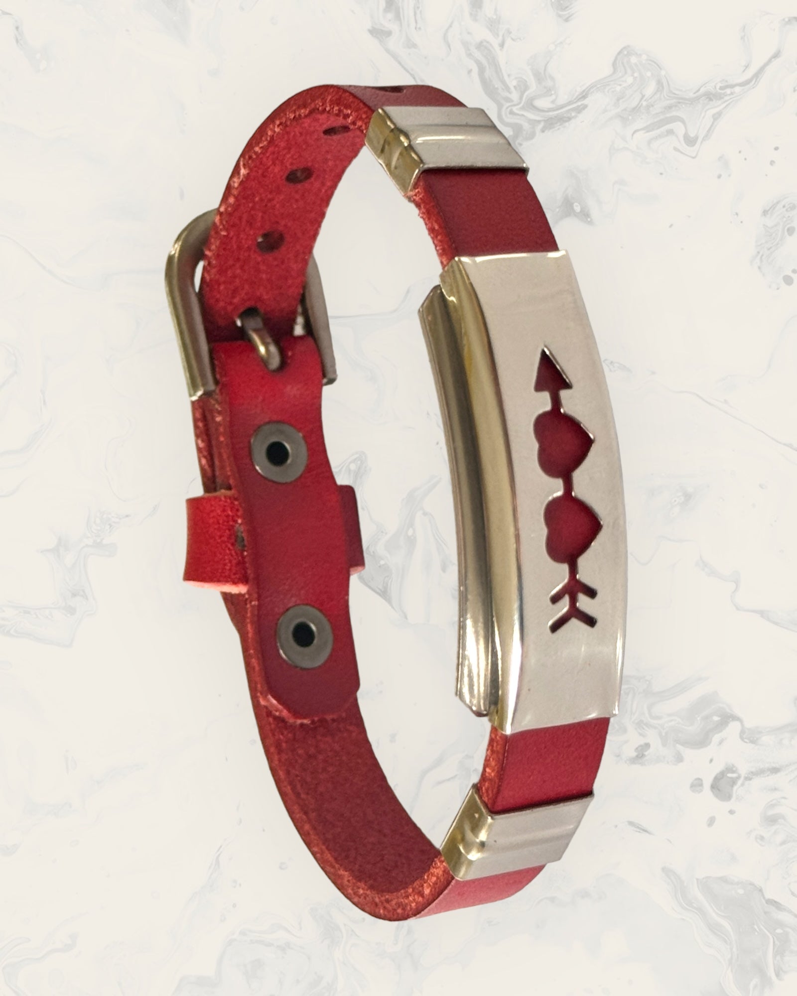 Natural Pain Relief and EMF Protection Bracelet Leather Band Color Red with Two Hearts with an Arrow design on a silver metal slider