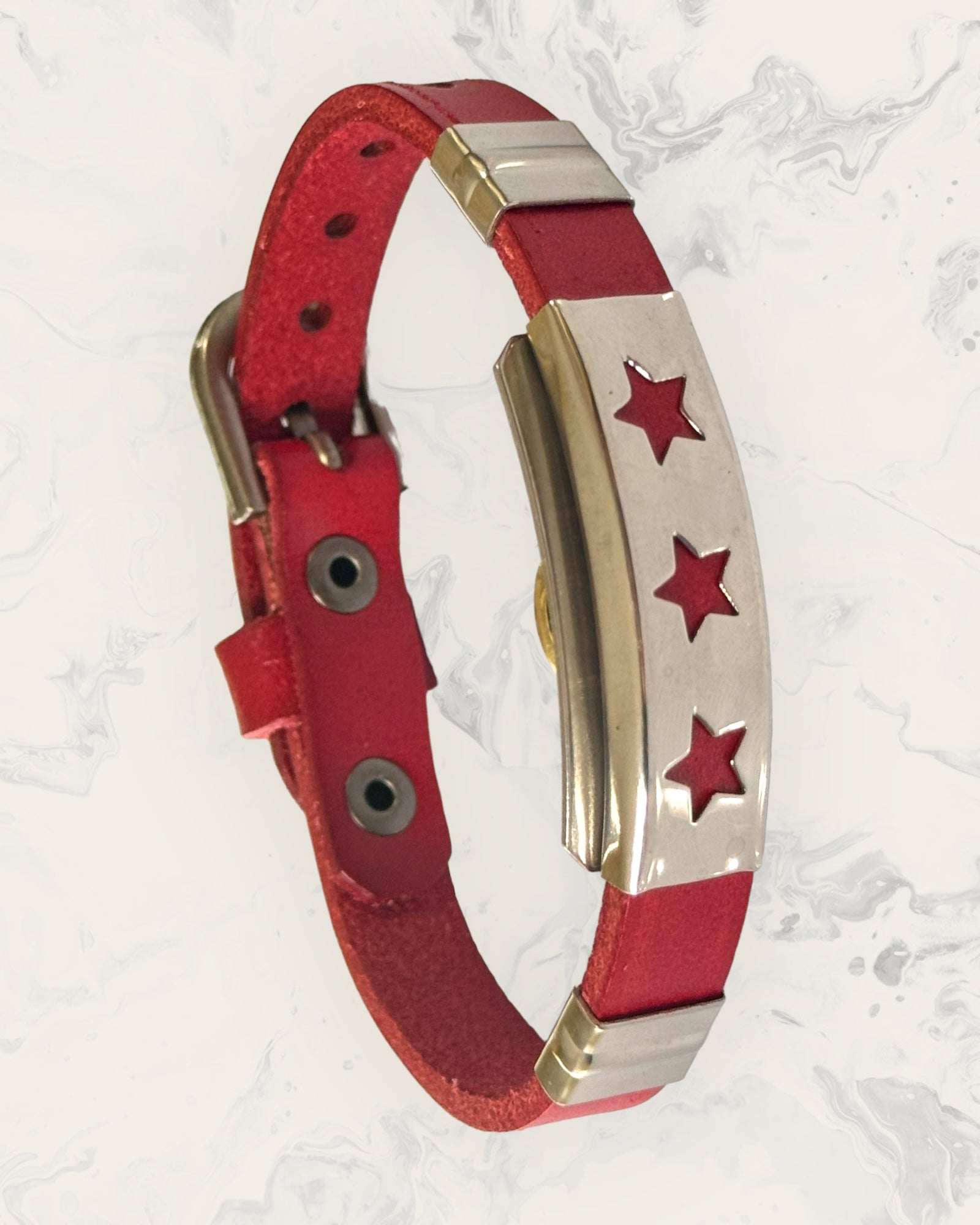 Natural Pain Relief and EMF Protection Bracelet Leather Band Color Red with a Star design on a silver metal slider