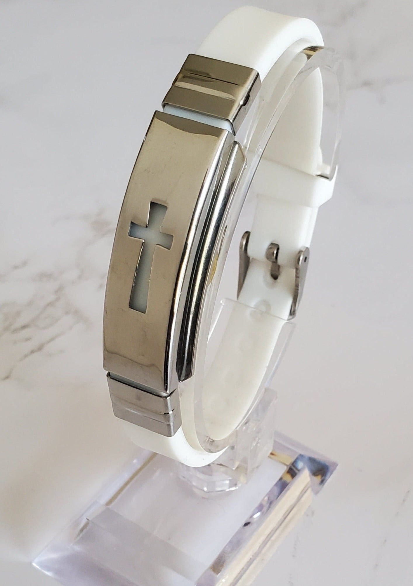 Frequency Jewelry Natural Pain Relief and EMF Protection Bracelet Cross Neoprene Band Color White