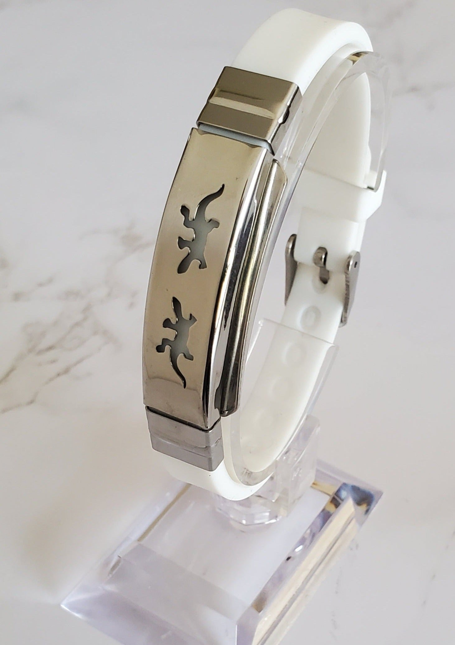Frequency Jewelry Natural Pain Relief and EMF Protection Bracelet Gecko Neoprene Band Color White