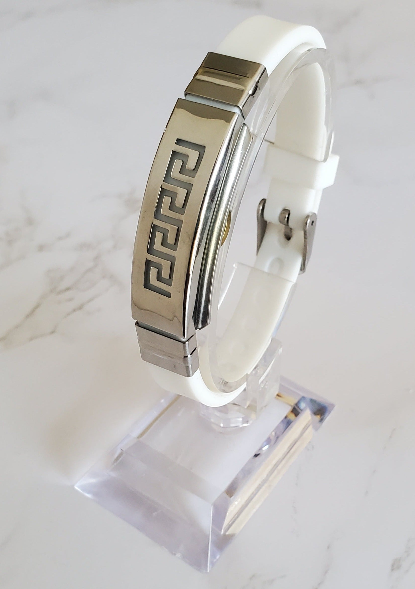 Frequency Jewelry Natural Pain Relief and EMF Protection Bracelet Greek Key Neoprene Band Color White