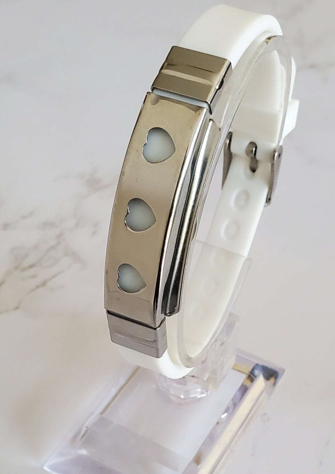 Frequency Jewelry Natural Pain Relief and EMF Protection Bracelet Hearts Neoprene Band Color White