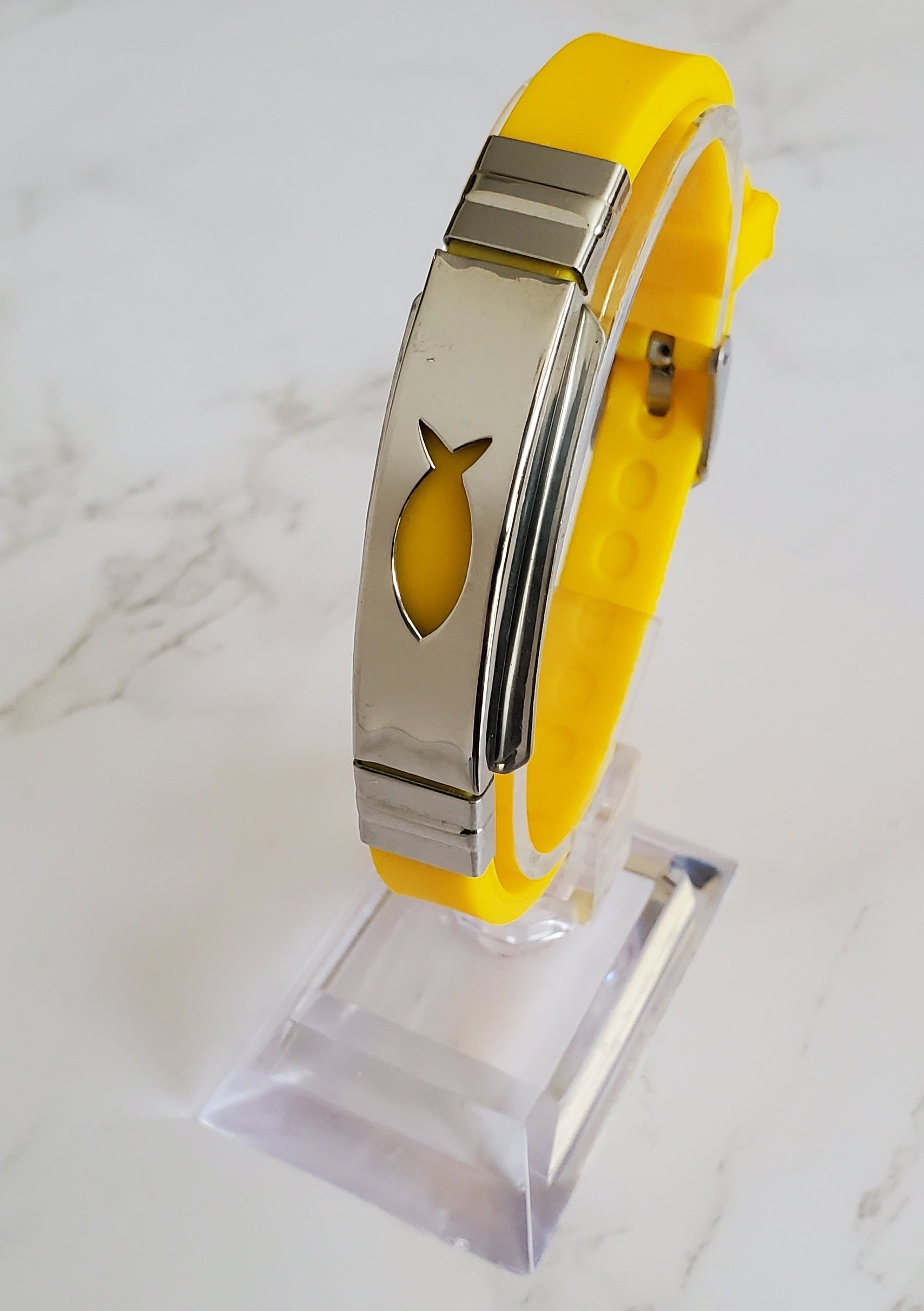 Frequency Jewelry Natural Pain Relief and EMF Protection Bracelet Christian Fish Neoprene Band Color Yellow
