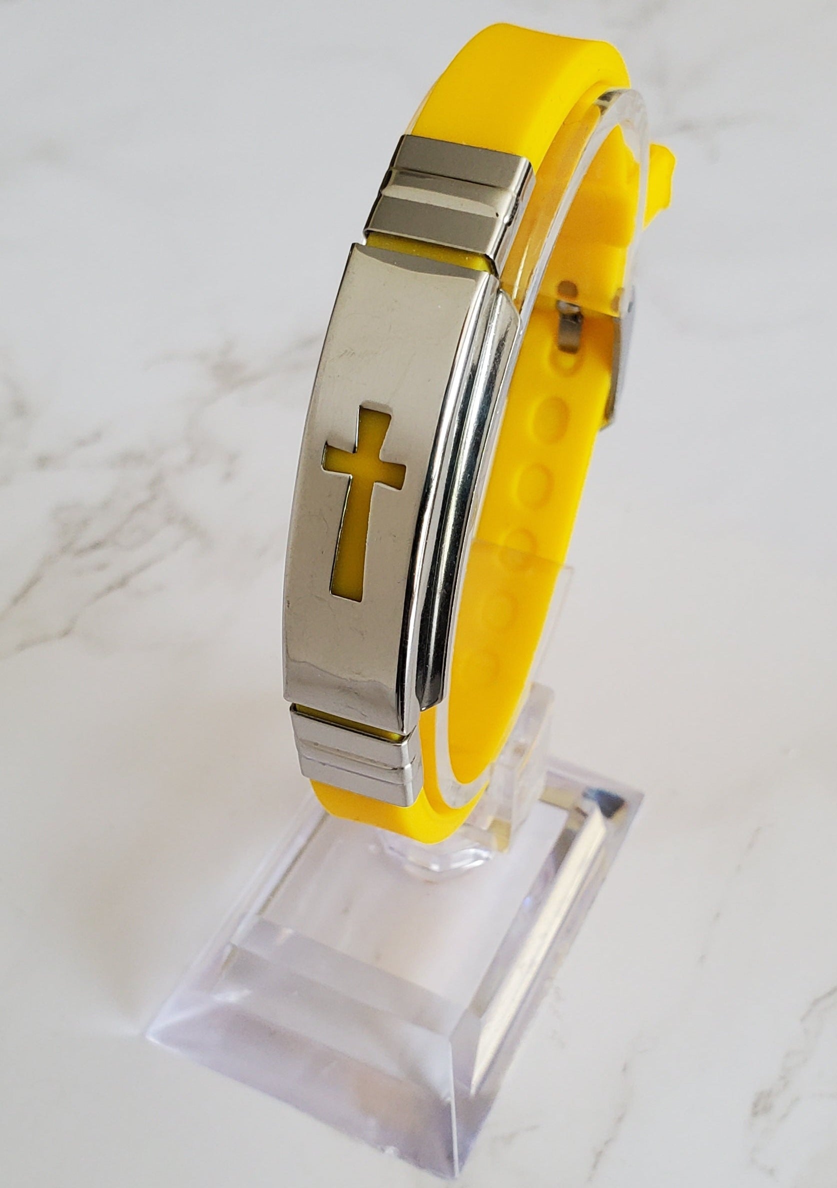 Frequency Jewelry Natural Pain Relief and EMF Protection Bracelet Cross Neoprene Band Color Yellow