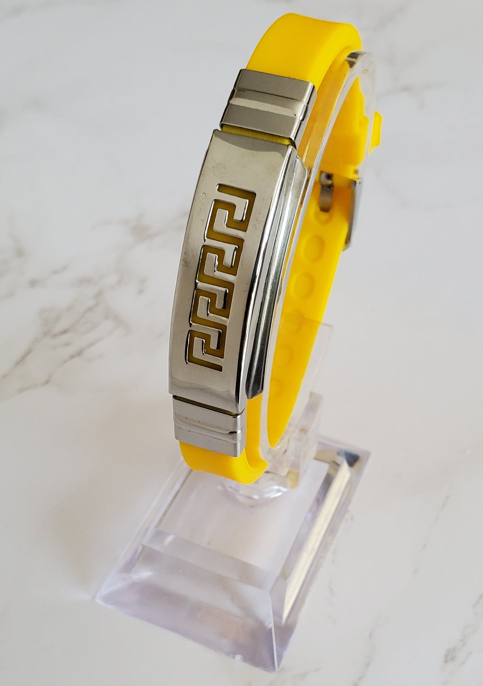 Frequency Jewelry Natural Pain Relief and EMF Protection Bracelet Greek Key Neoprene Band Color Yellow
