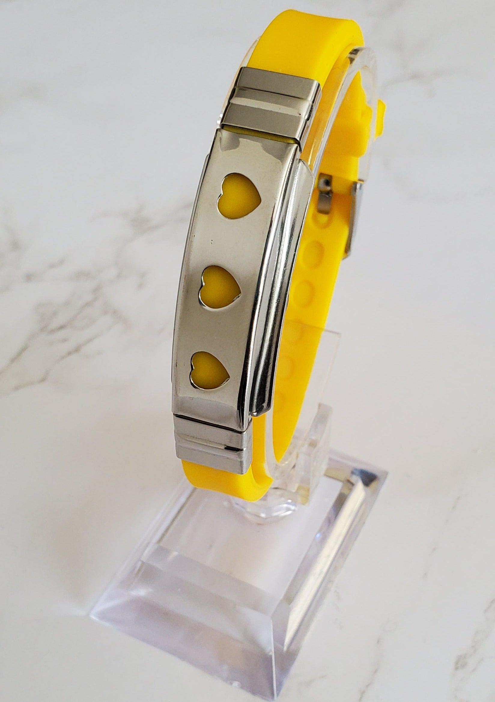 Frequency Jewelry Natural Pain Relief and EMF Protection Bracelet Hearts Neoprene Band Color Yellow