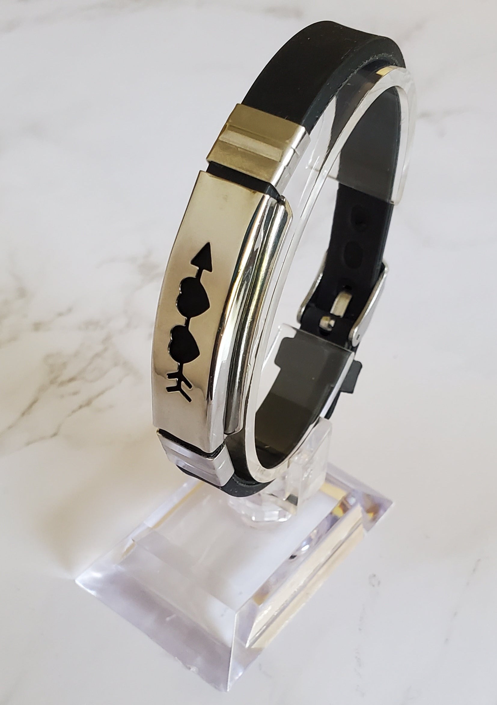 Frequency Jewelry Natural Pain Relief and EMF Protection Bracelet Two Hearts with Arrow Neoprene Band Color Black