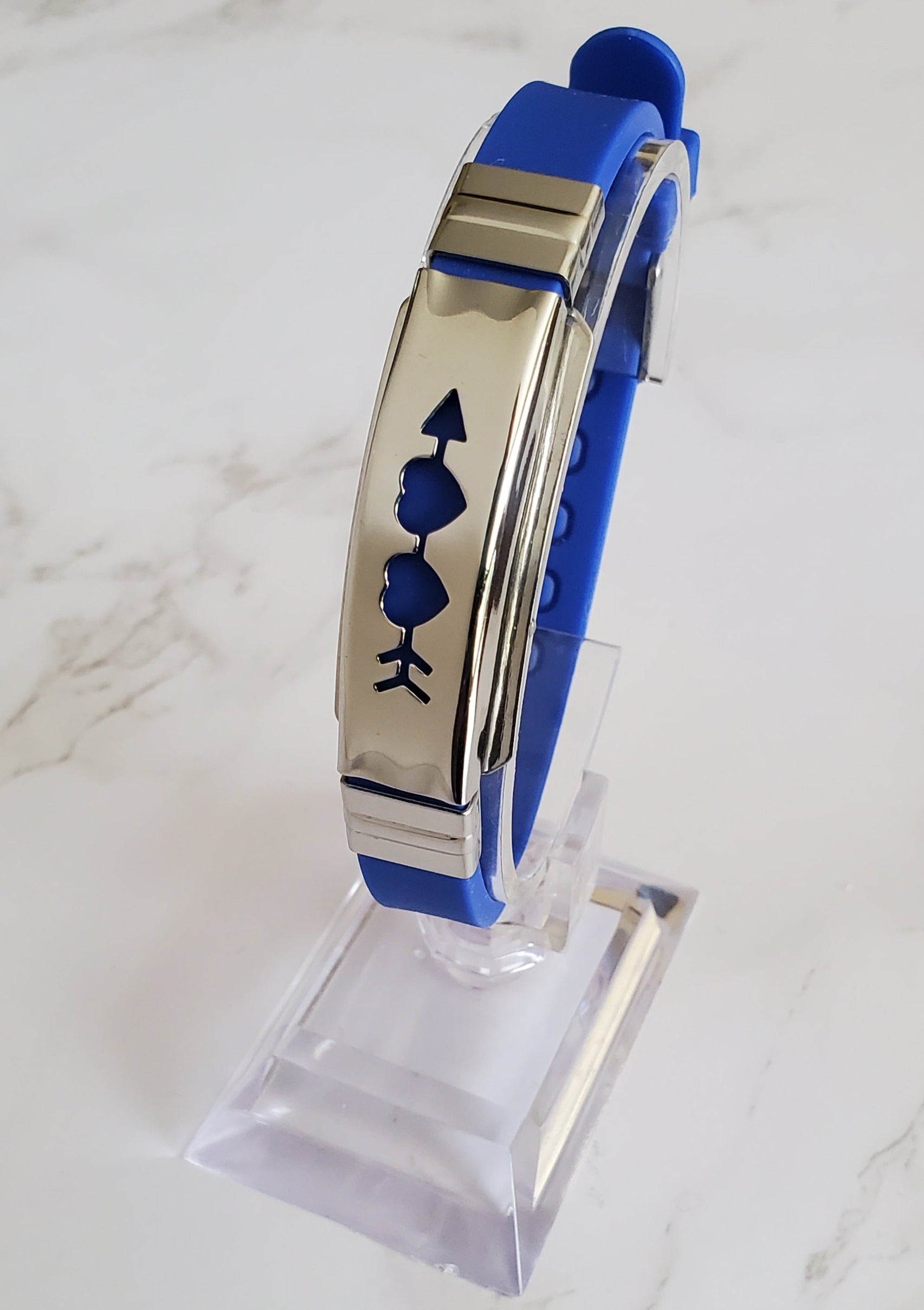 Frequency Jewelry Natural Pain Relief and EMF Protection Bracelet Two Hearts with Arrow Neoprene Band Color Royal Blue