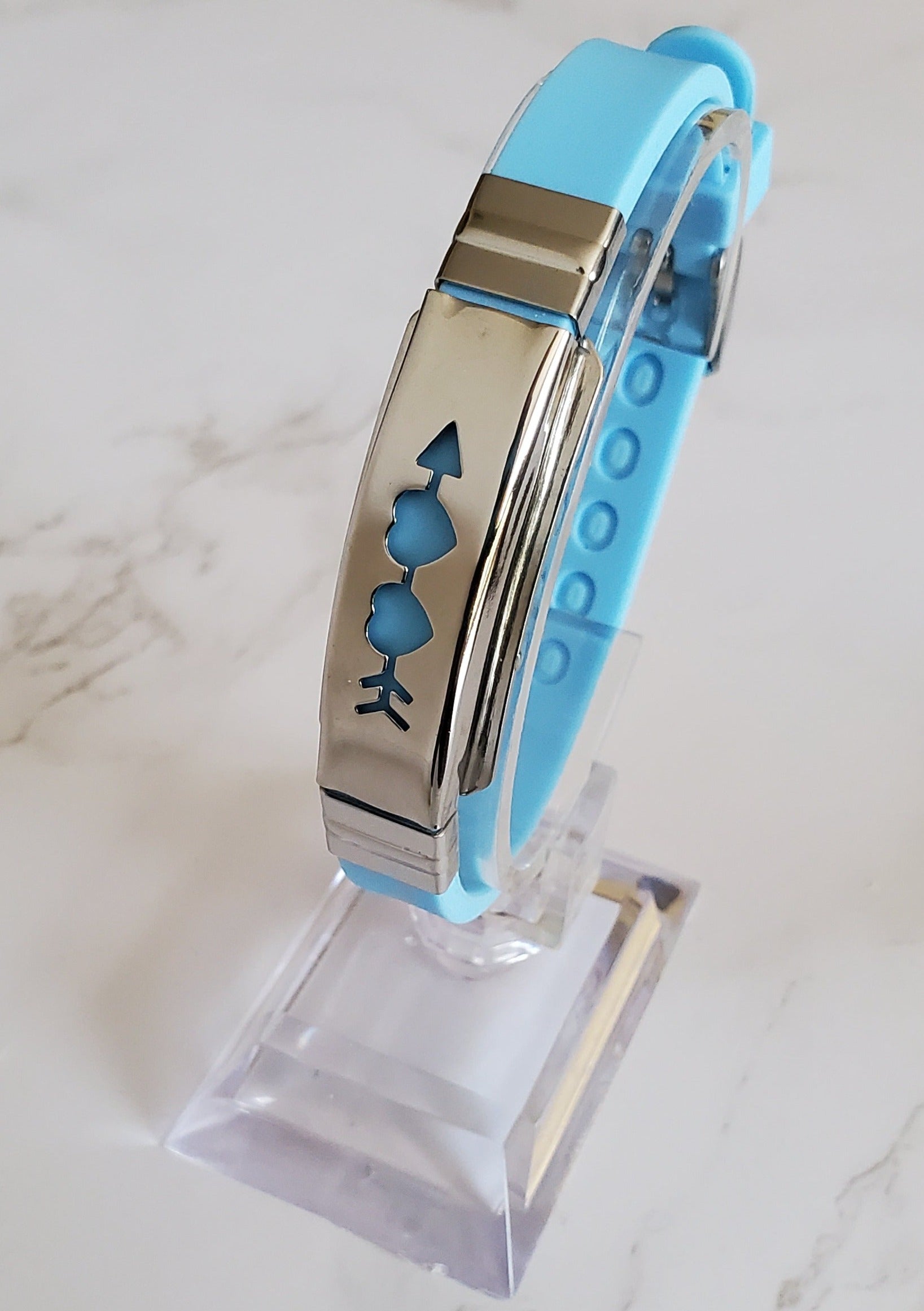 Frequency Jewelry Natural Pain Relief and EMF Protection Bracelet Two Hearts with Arrow Neoprene Band Color Light Blue