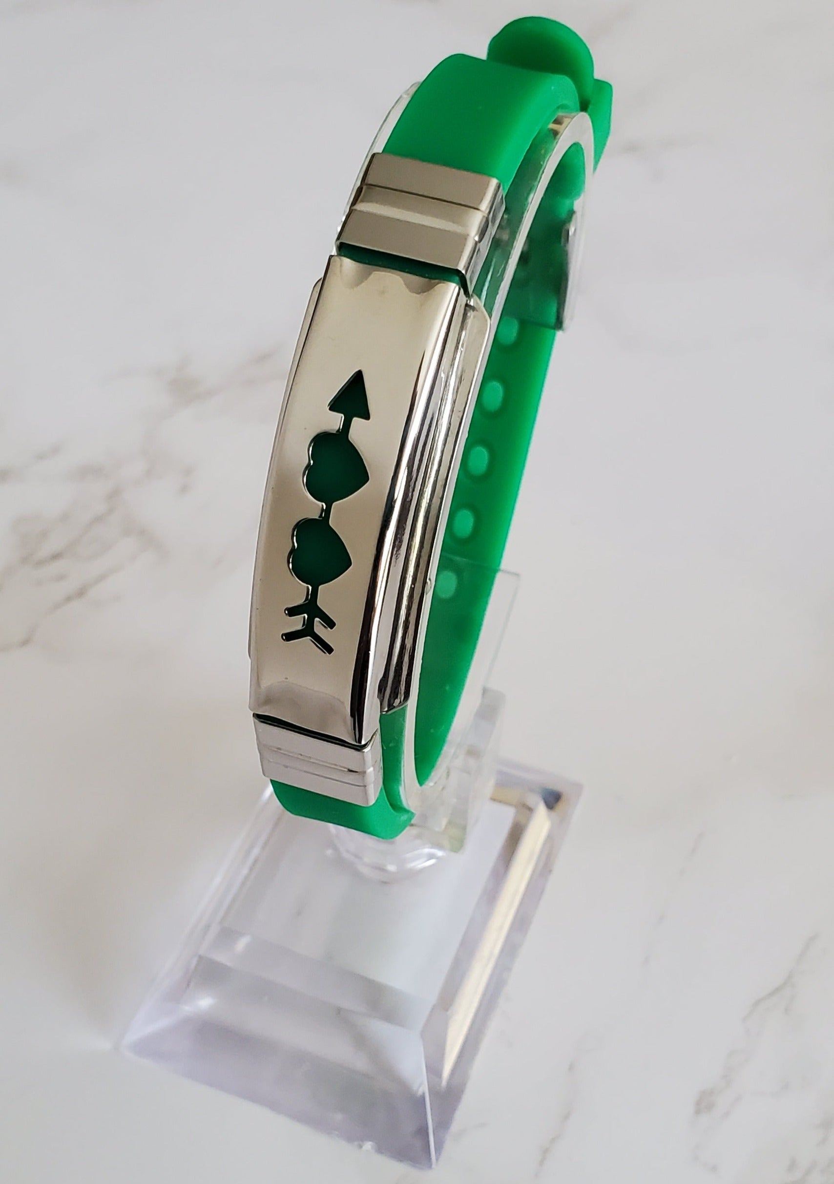 Frequency Jewelry Natural Pain Relief and EMF Protection Bracelet Two Hearts with Arrow Neoprene Band Color Green