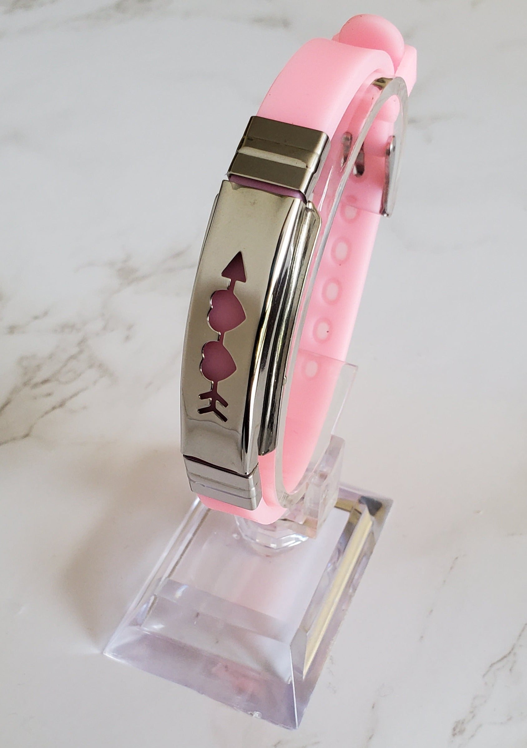 Frequency Jewelry Natural Pain Relief and EMF Protection Bracelet Two Hearts with Arrow Neoprene Band Color Light Pink