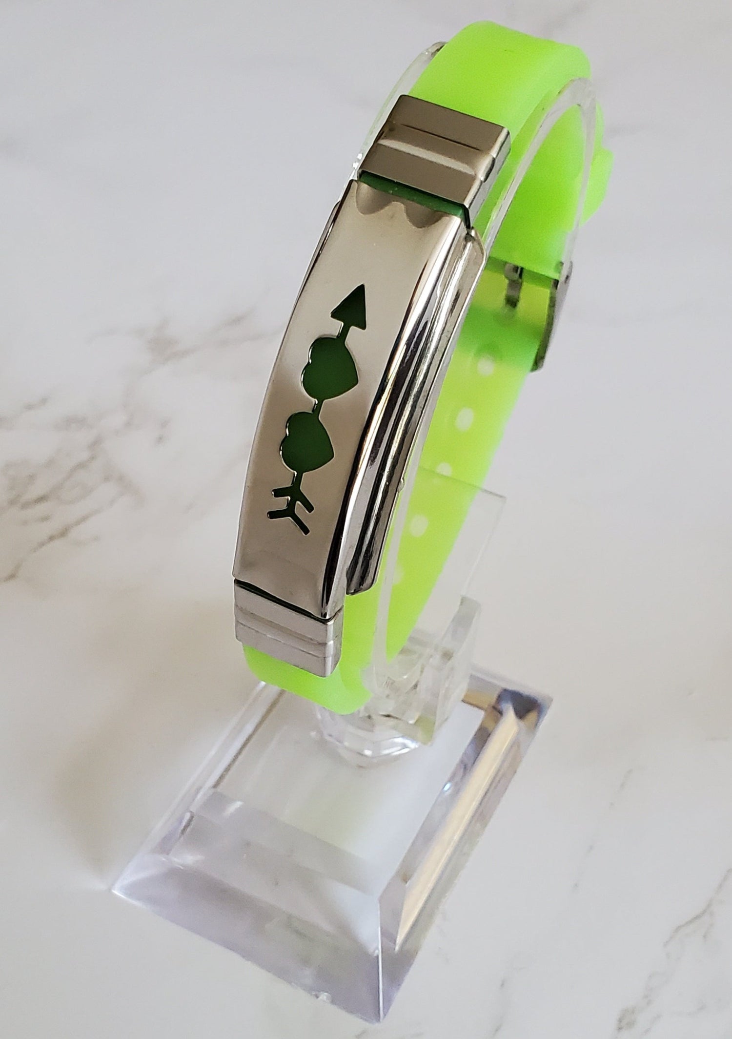 Pain Relief and EMF Protection Bracelet Two Hearts with Arrow Neoprene Band Color Lime Green