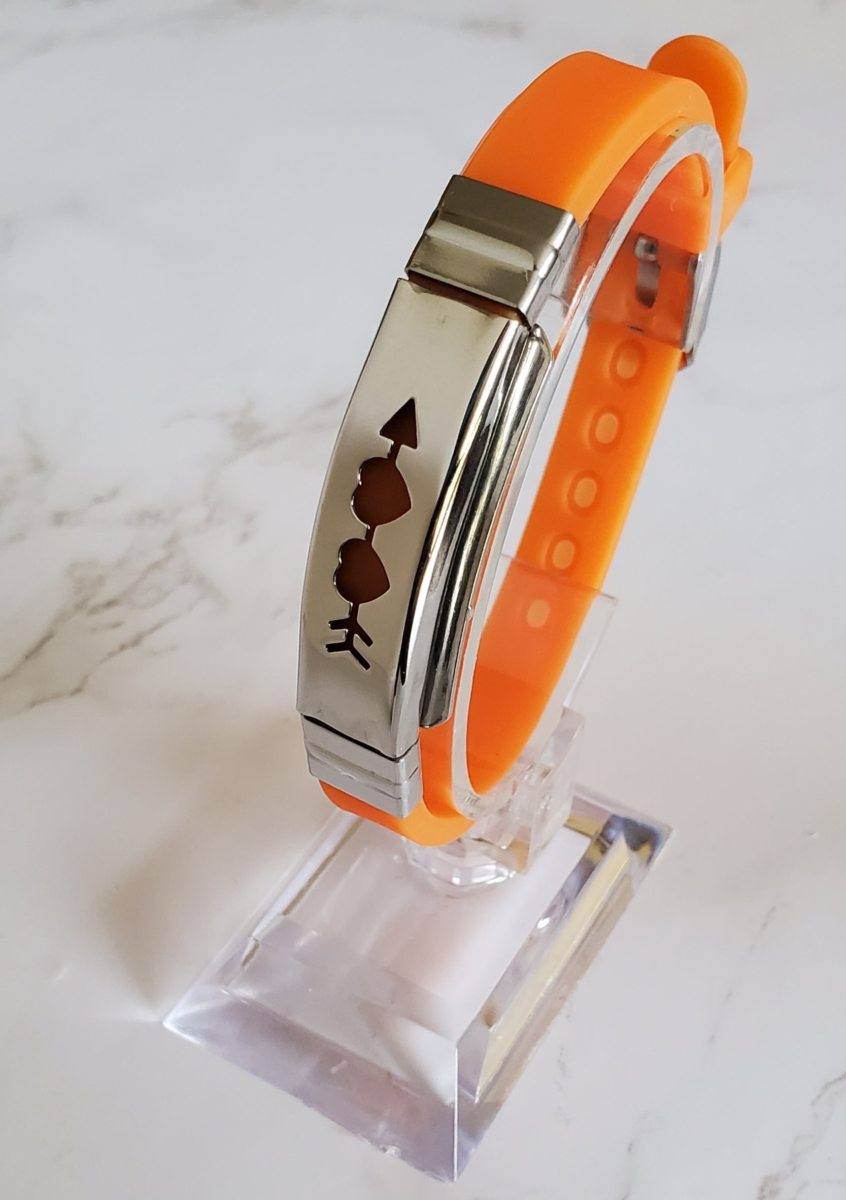 Frequency Jewelry Natural Pain Relief and EMF Protection Bracelet Two Hearts with Arrow Neoprene Band Color Orange