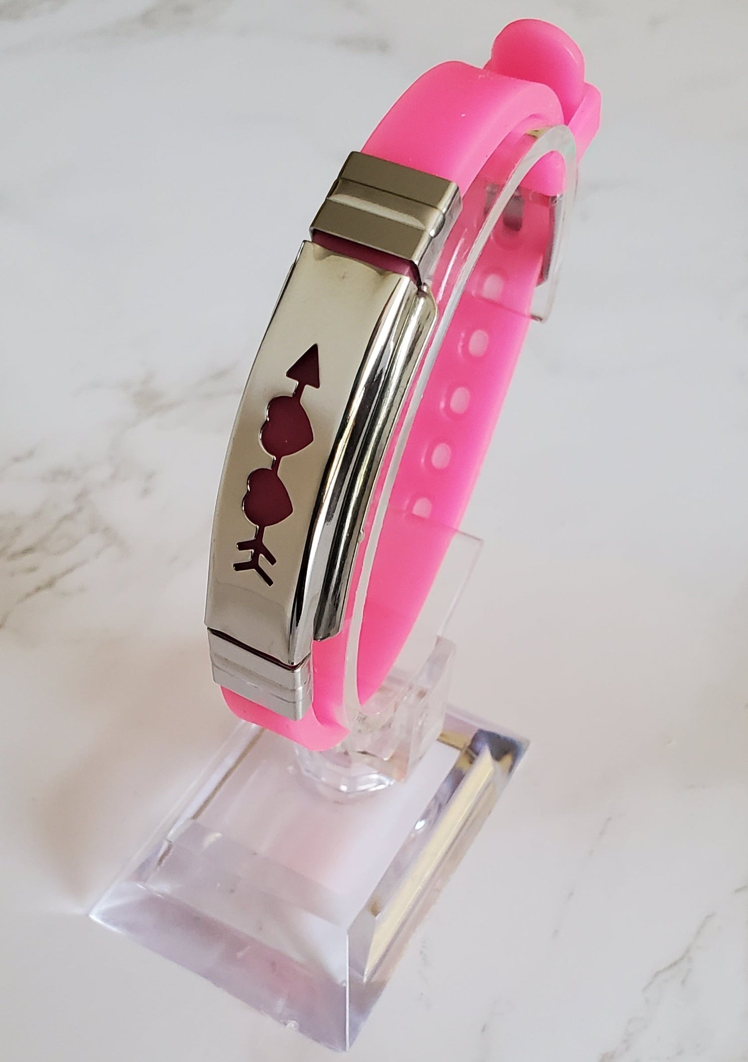 Pain Relief and EMF Protection Bracelet Two Hearts with Arrow Neoprene Band Color Pink