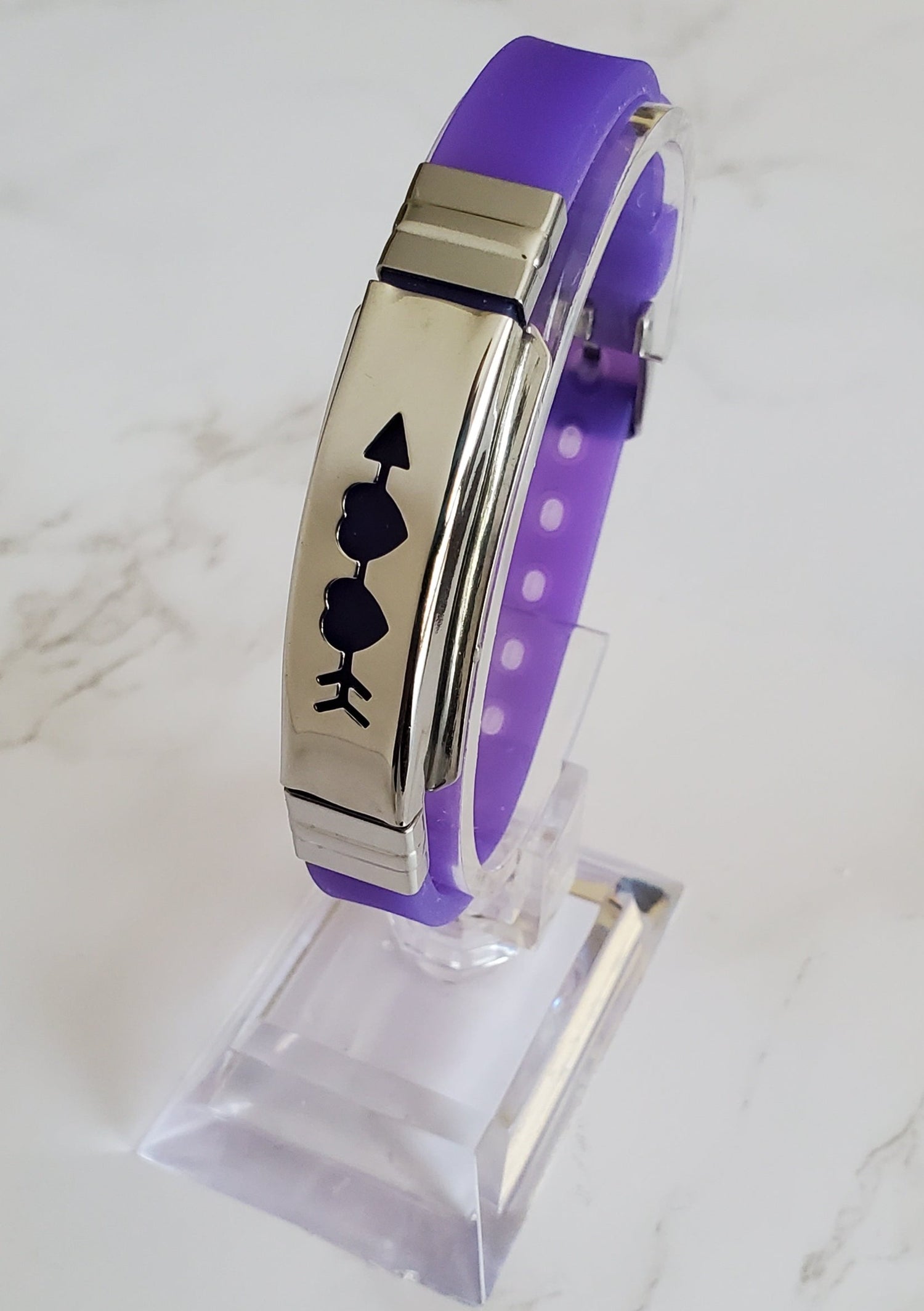 Pain Relief and EMF Protection Bracelet Two Hearts with Arrow Neoprene Band Color Purple