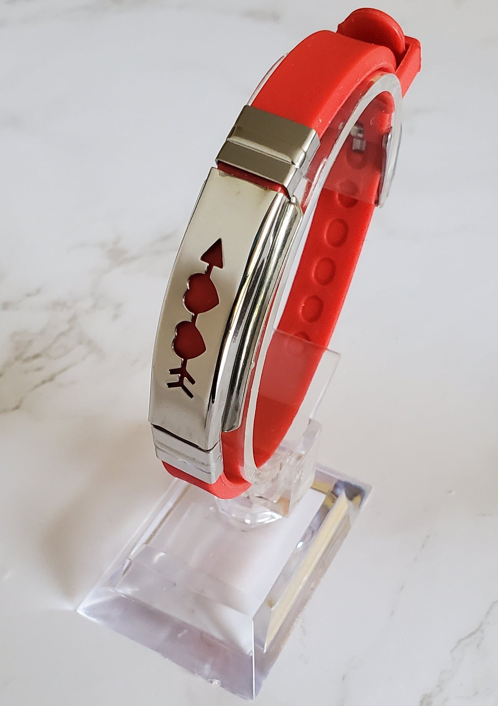 Frequency Jewelry Natural Pain Relief and EMF Protection Bracelet Two Hearts with Arrow Neoprene Band Color Red